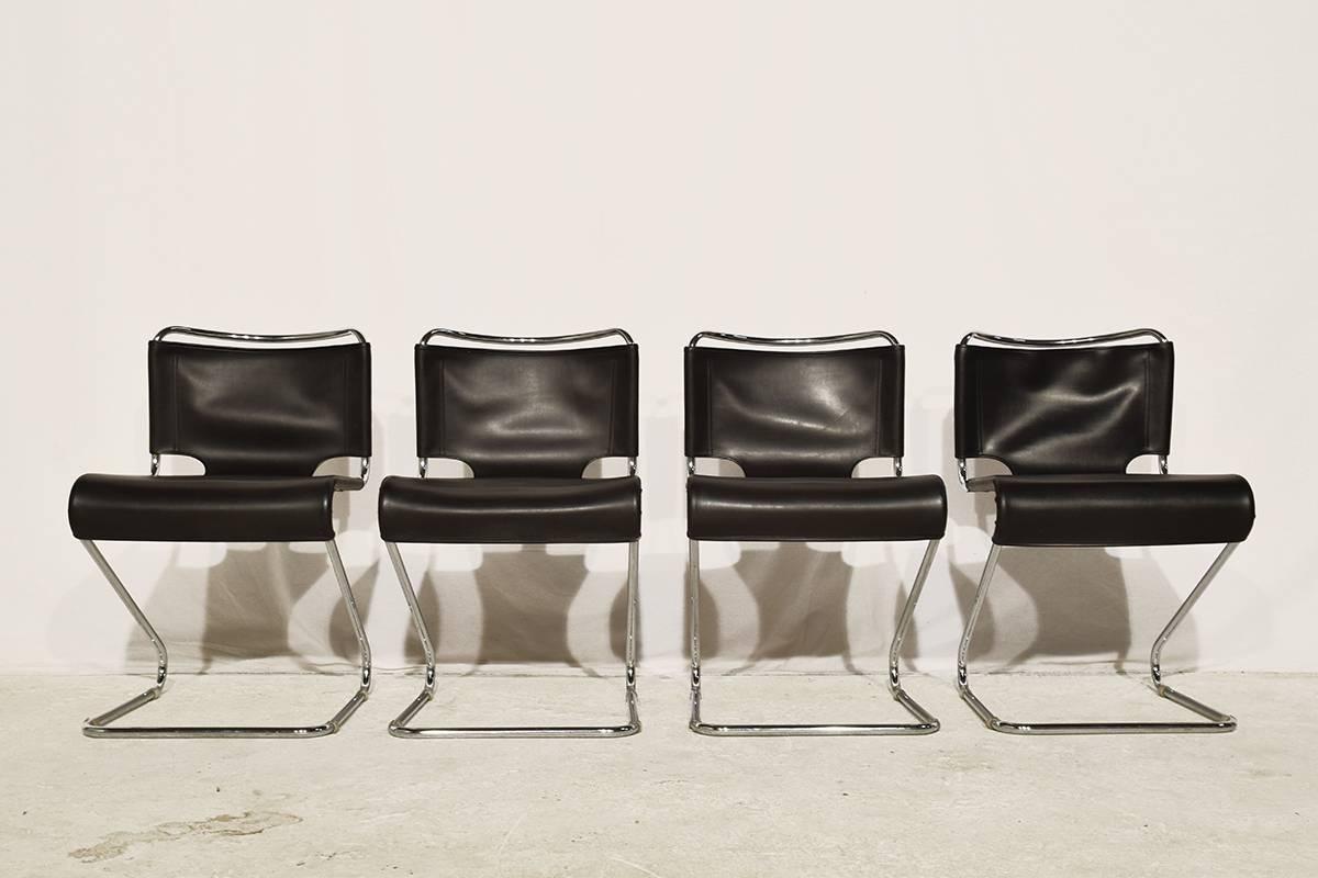 Set of four ‘Biscia’ chairs designed by Pascal Morgue for Steiner Meubles in 1969.
Very comfortable black leather and chrome Z-shaped chairs. With the original leather which now shows a beautiful patina. Bauhaus style.