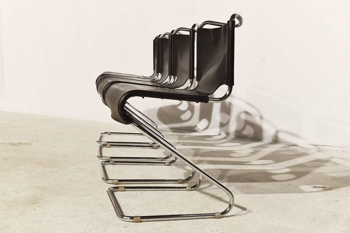 Mid-Century Modern Set of Four Leather Biscia Chairs by Pascal Mourgue for Steiner, 1960s