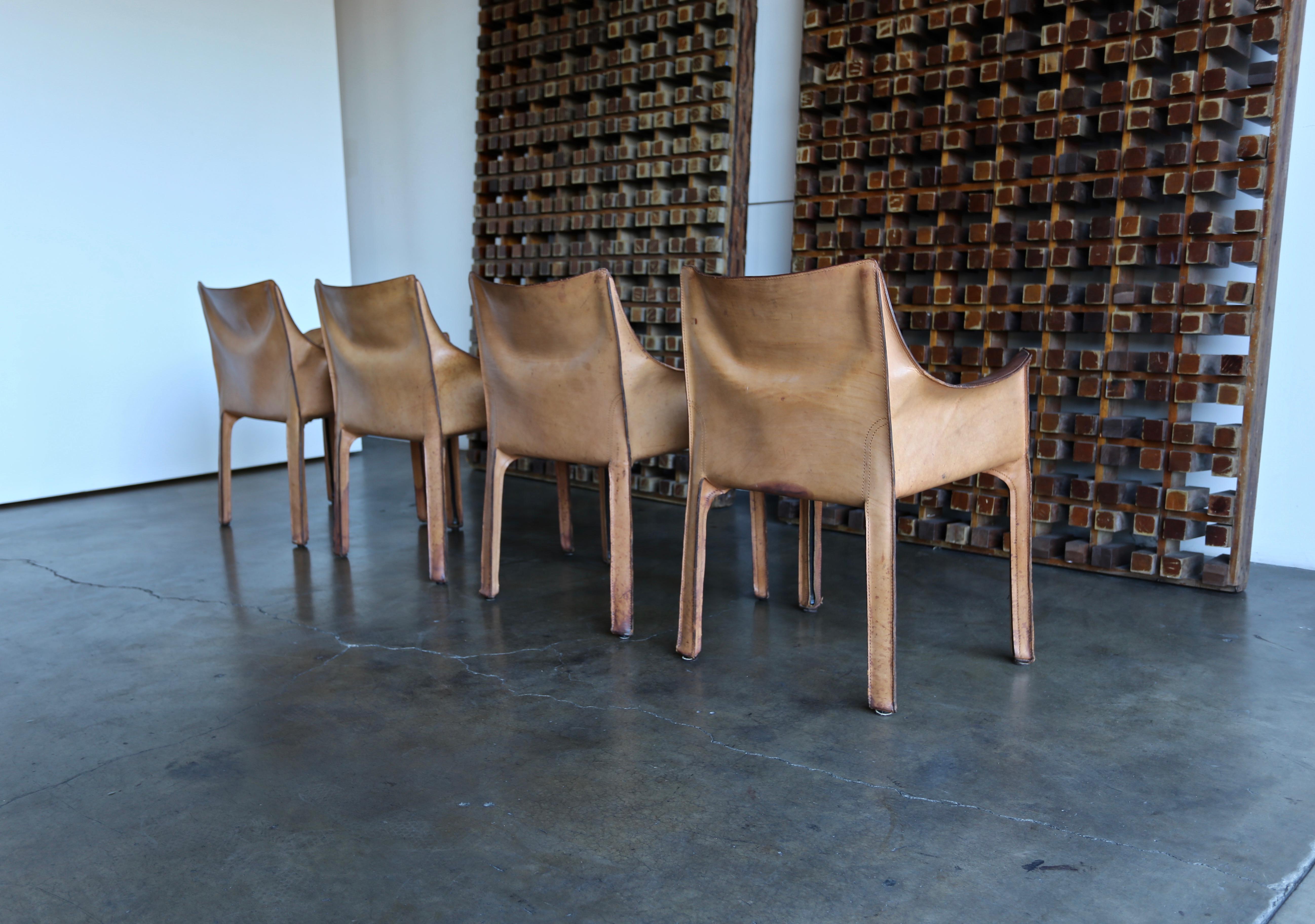 Mid-Century Modern Set of Four Leather Cab Armchairs by Mario Bellini for Cassina