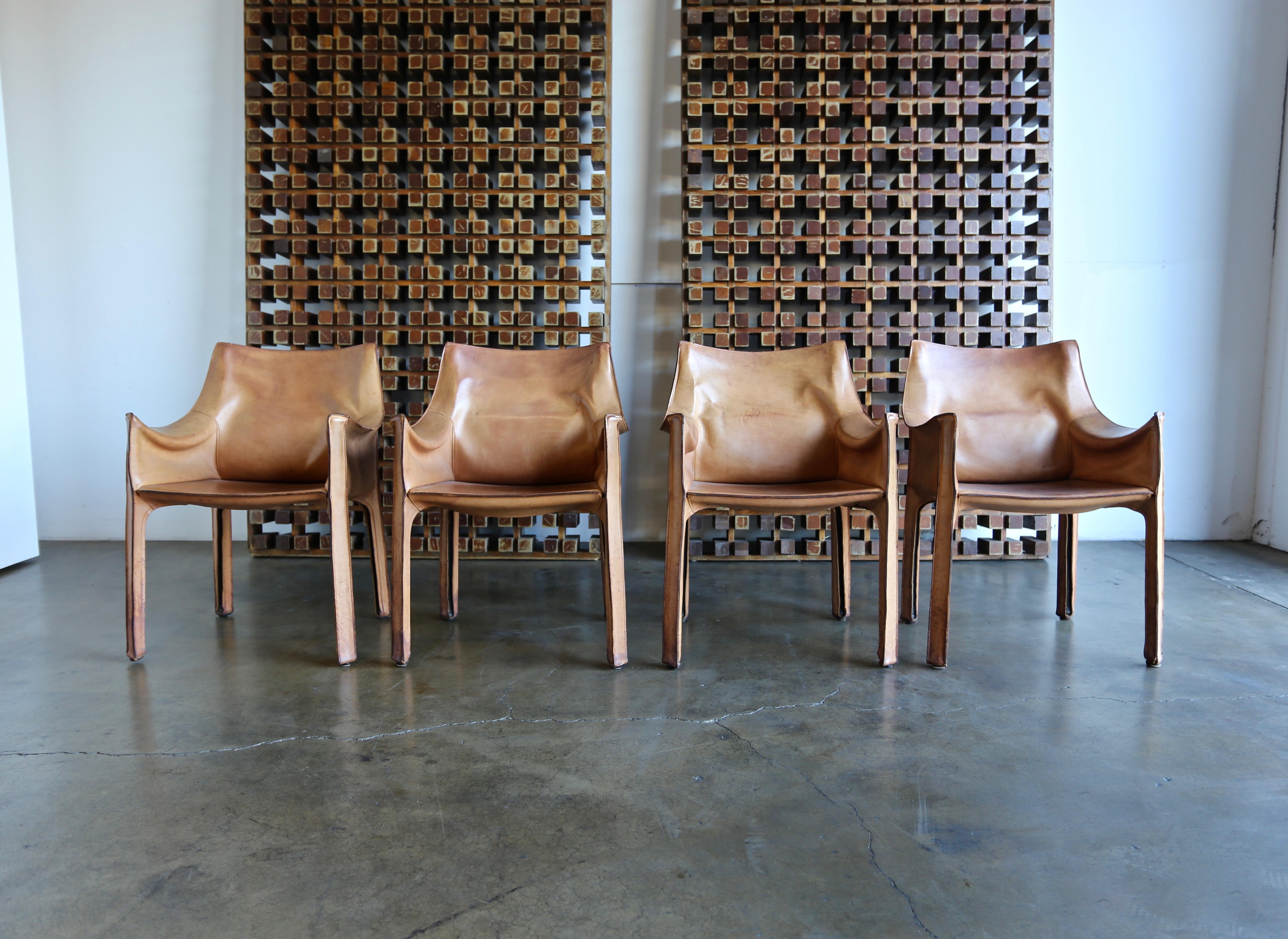 Set of Four Leather Cab Armchairs by Mario Bellini for Cassina In Fair Condition In Costa Mesa, CA