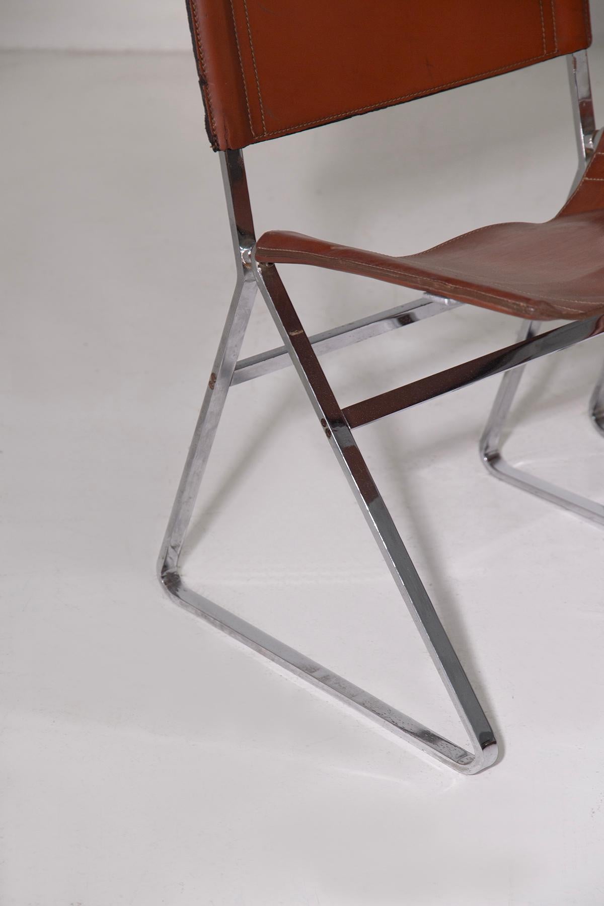 Set of four leather chairs attr. to Pierre Paulin and steel in vendita 3