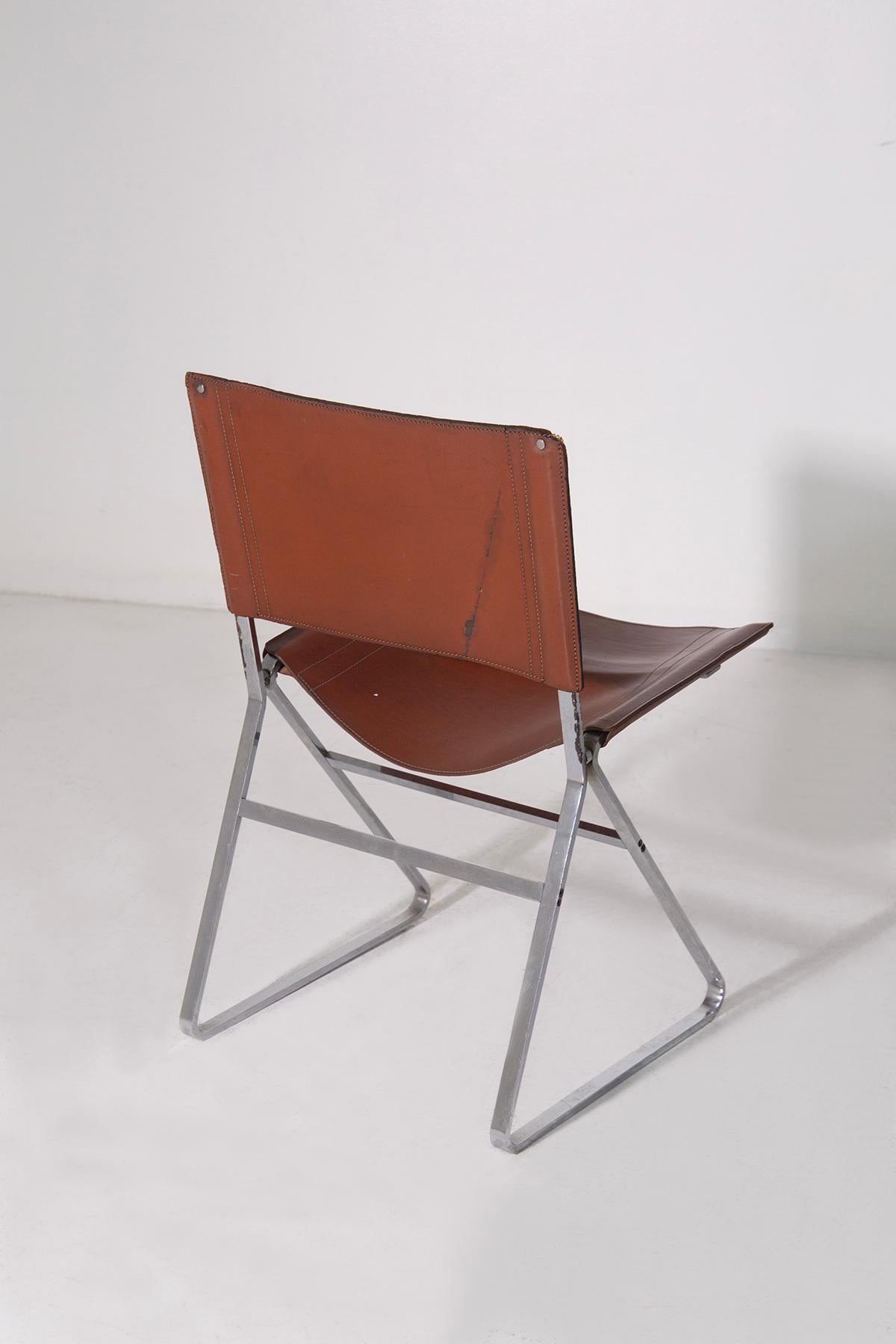 Set of four leather chairs attr. to Pierre Paulin and steel in vendita 4
