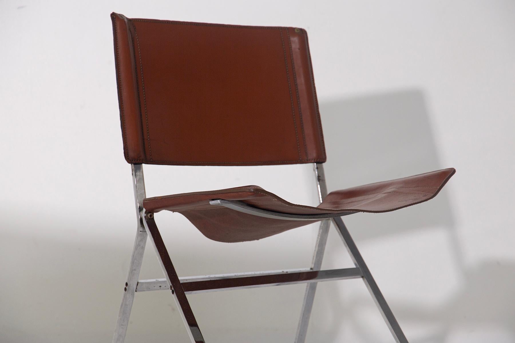 Mid-20th Century Set of four leather chairs attr. to Pierre Paulin and steel in vendita