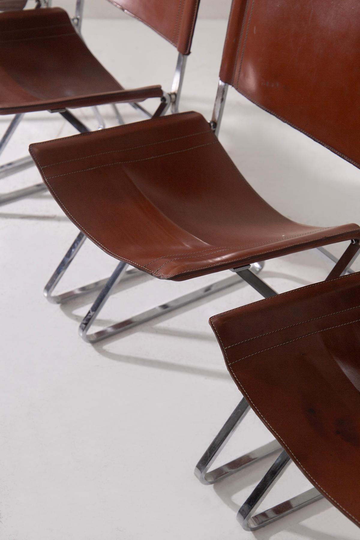 Set of four leather chairs attr. to Pierre Paulin and steel in vendita 2