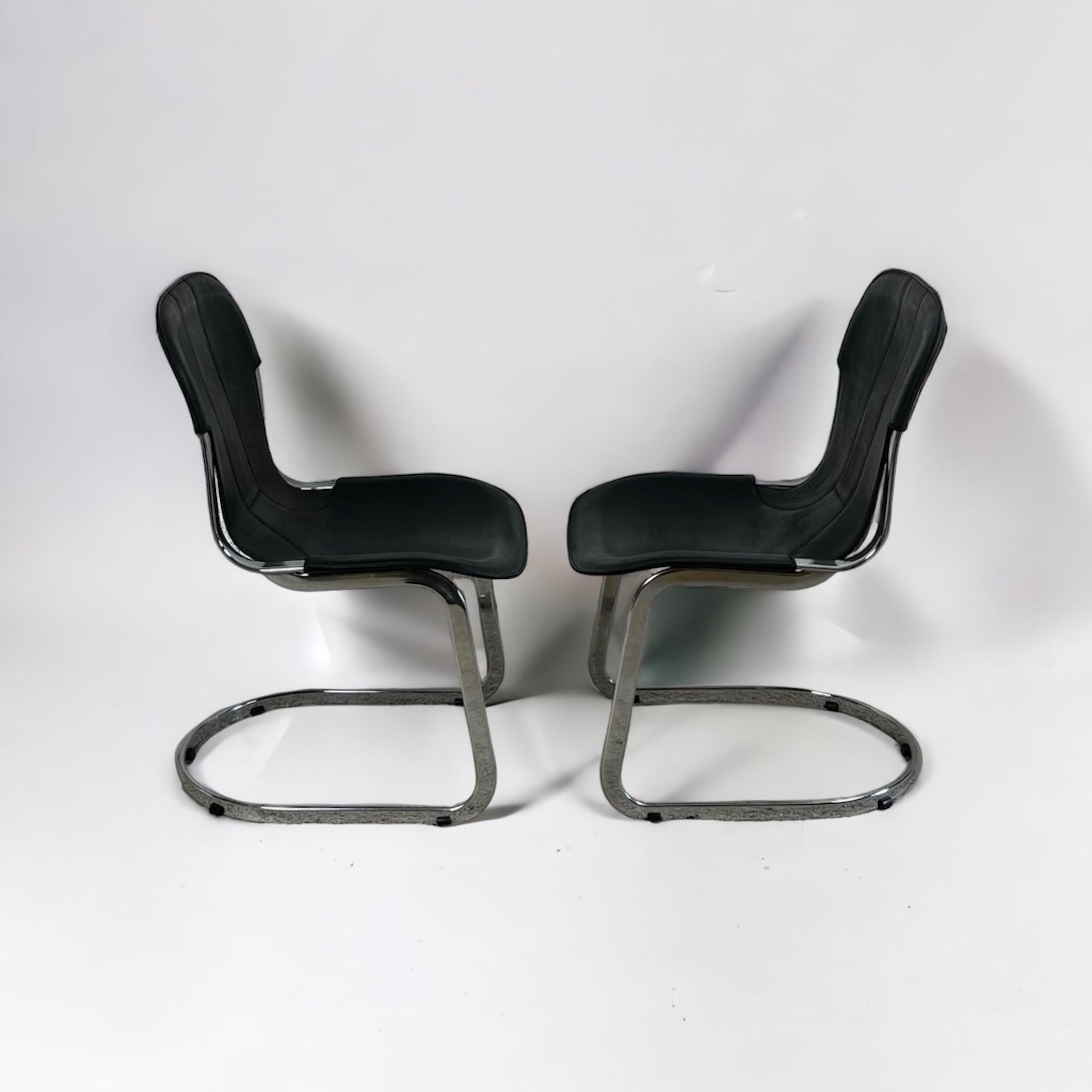 Iconic and rare leather and steel chairs designed by Willy Rizzo and produced by Cidue in the 70s.

These luxury chairs represents an icon of mid-century modern design. Crafted with exquisite attention to detail, these chairs seamlessly blend