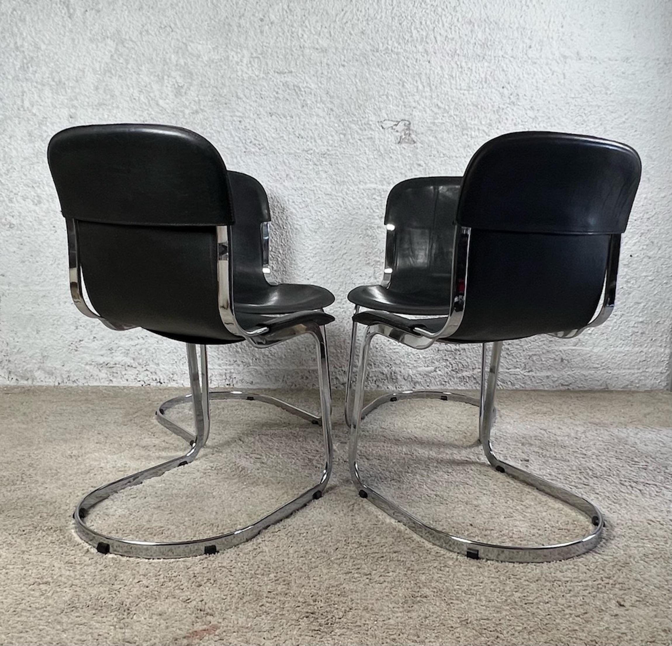 Steel Set of Four Leather Chairs by Willy Rizzo for Cidue, 1970s