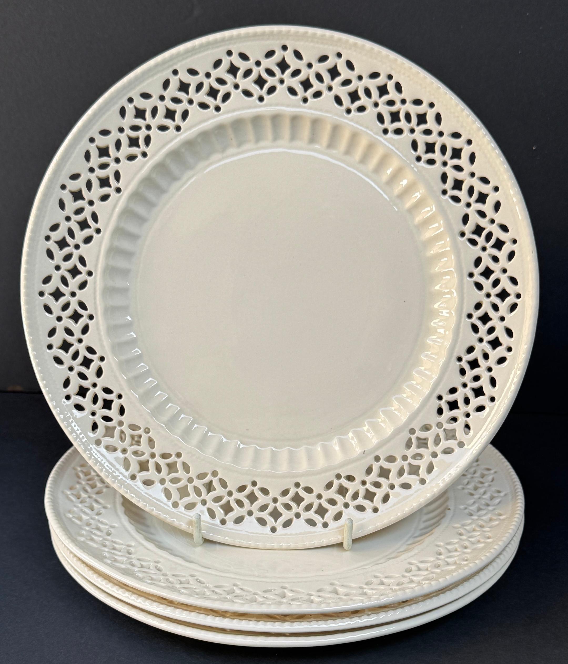 Set of Four Leedsware Classical Creamware Pierced Plates, Later 20th Century 

An exceptional set of four Leedsware Classical Creamware pierced plates, made in England in the later 20th century. Each plate measures 8.75 inches in diameter and