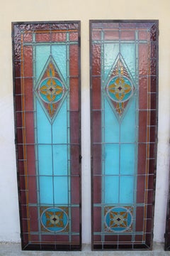 Set of four "Liberty" Italian Stained Glass door- window Panels, Italy 1900 ca.