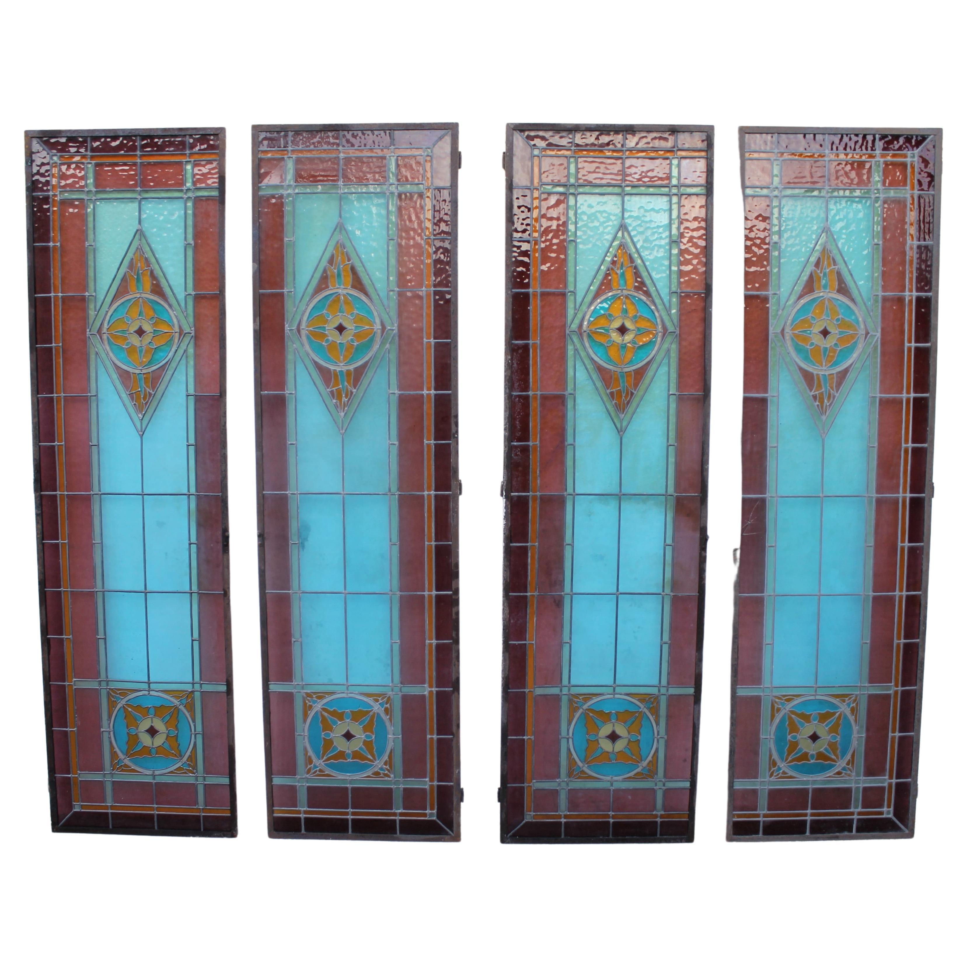 Set of four "Liberty" Italian Stained Glass door- window Panels, Italy 1900 ca.