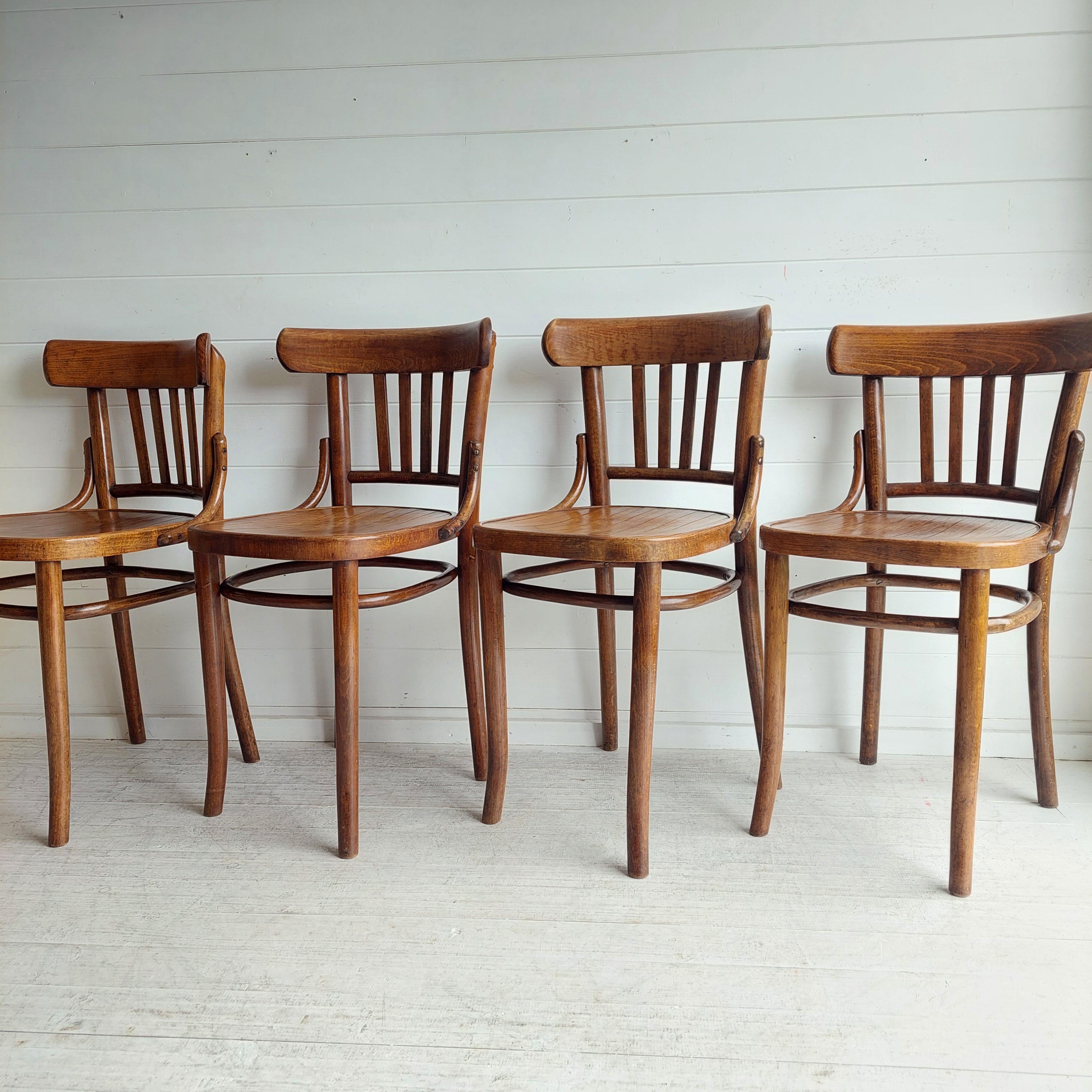 Art Deco Set Of Four Ligna For Thonet Bentwood Bistro Dining Chairs, Czechoslovakia 30s