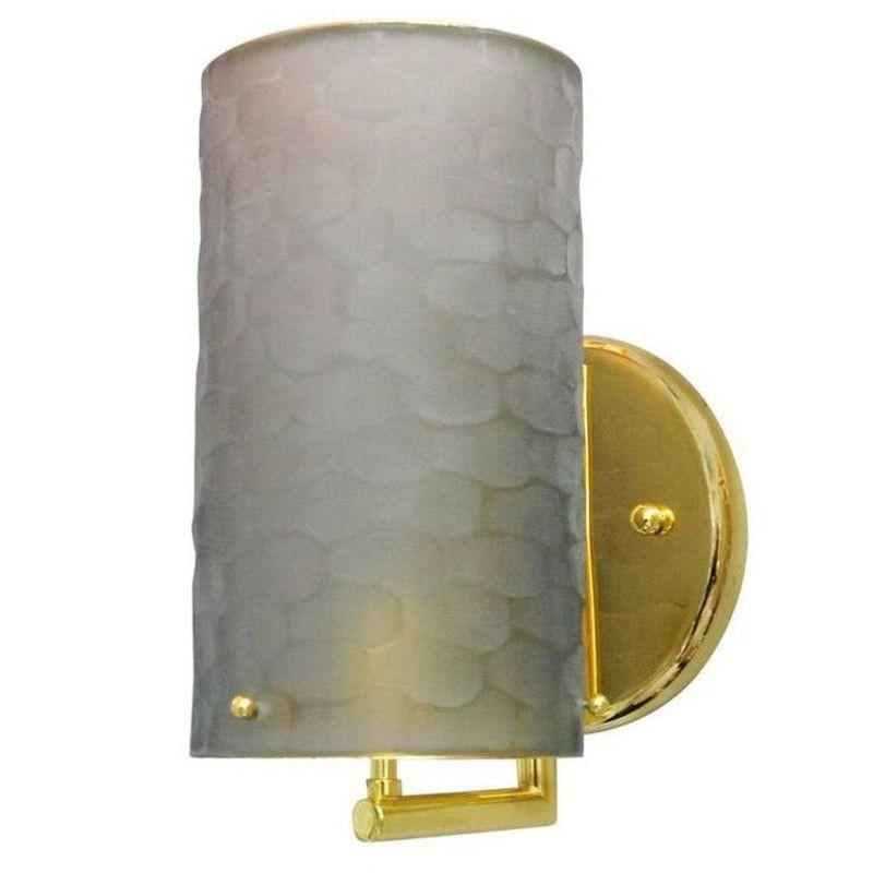 Limited Edition Battuto (hammered) smoky frosted Murano cylinder-shaped glass sconces mounted on solid brass fixtures and back plates.
Made in Italy, c. 1980's.
*Can be installed facing up or down 
Dimensions:
14