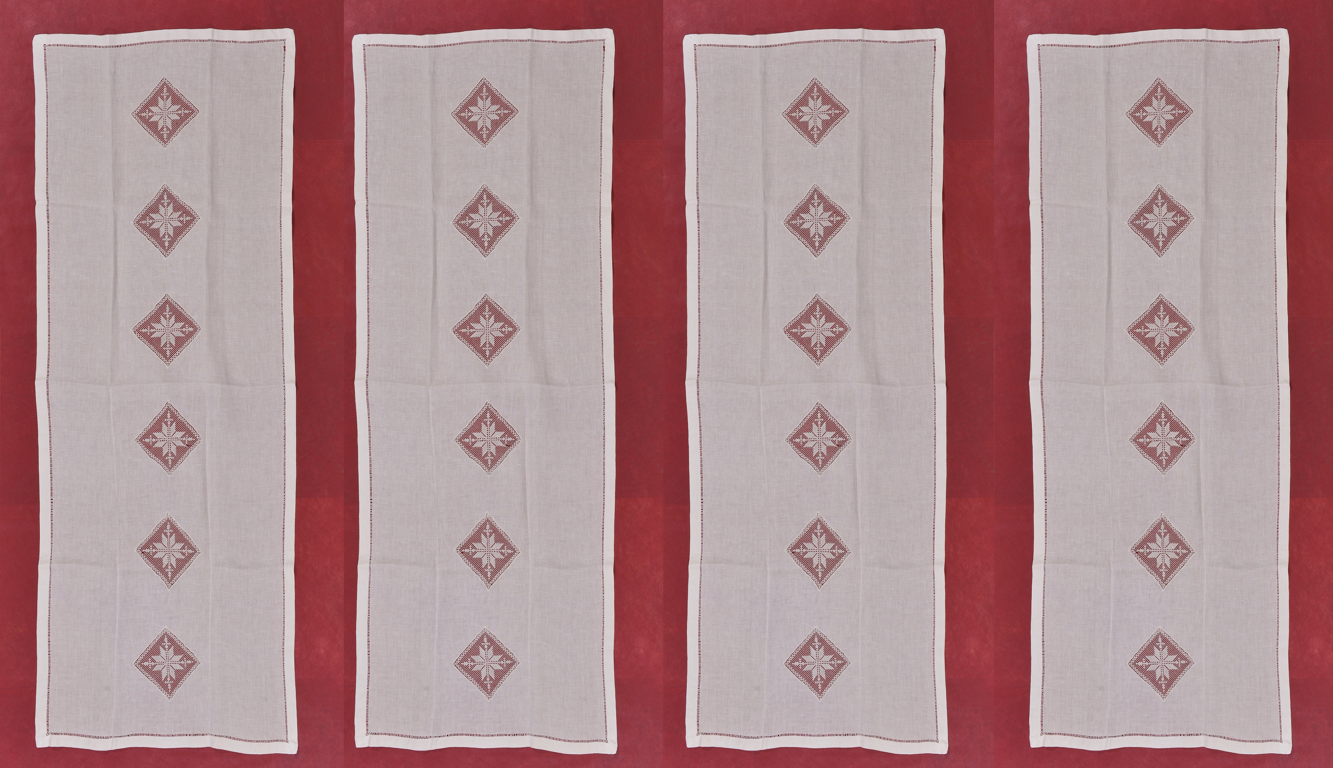 Set of four linen curtains with insert of small antique squares in 
