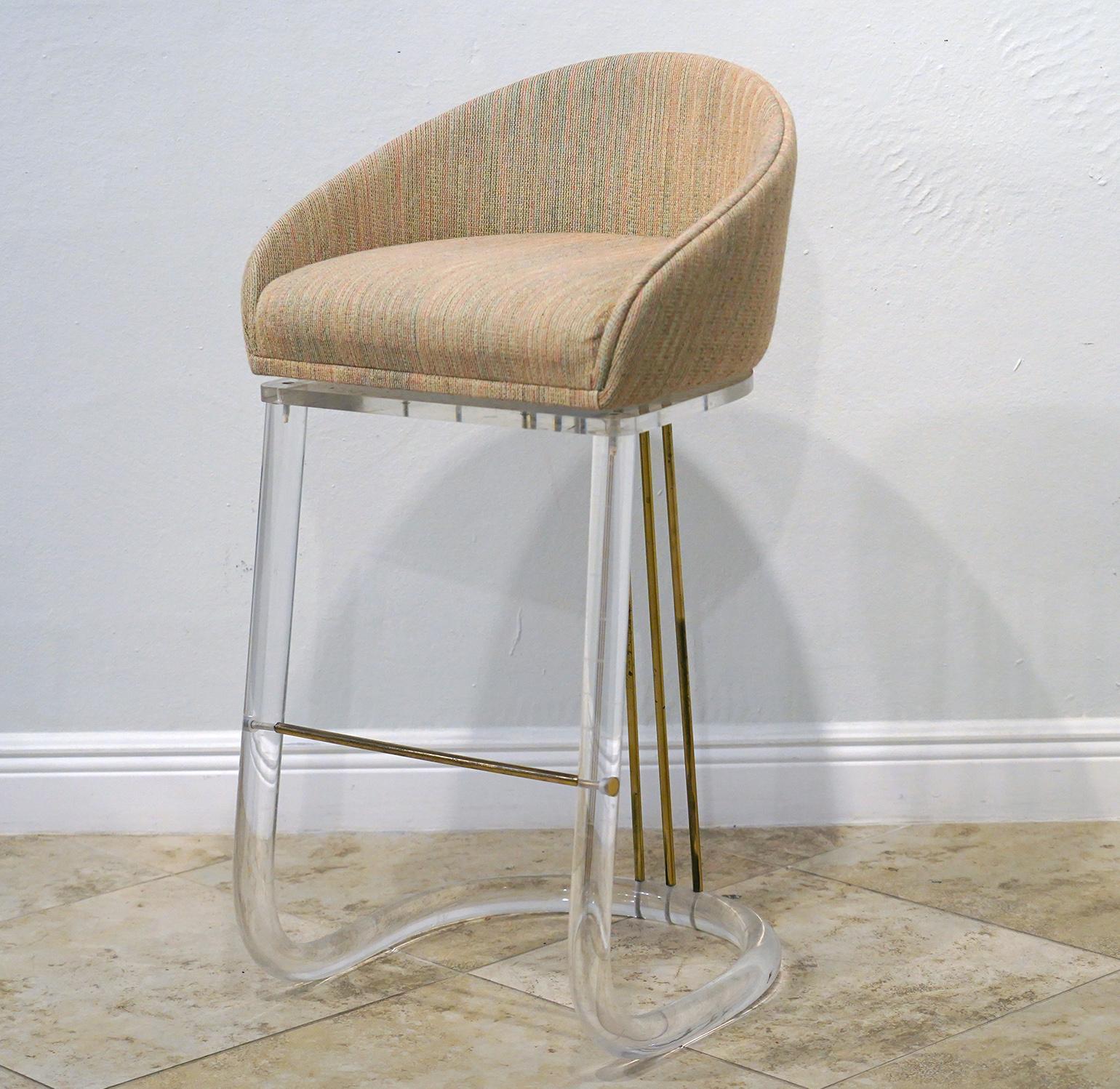 20th Century Set of Four Lion in Frost Upholstered Lucite and Brass Swivel Bar Stools, Signed