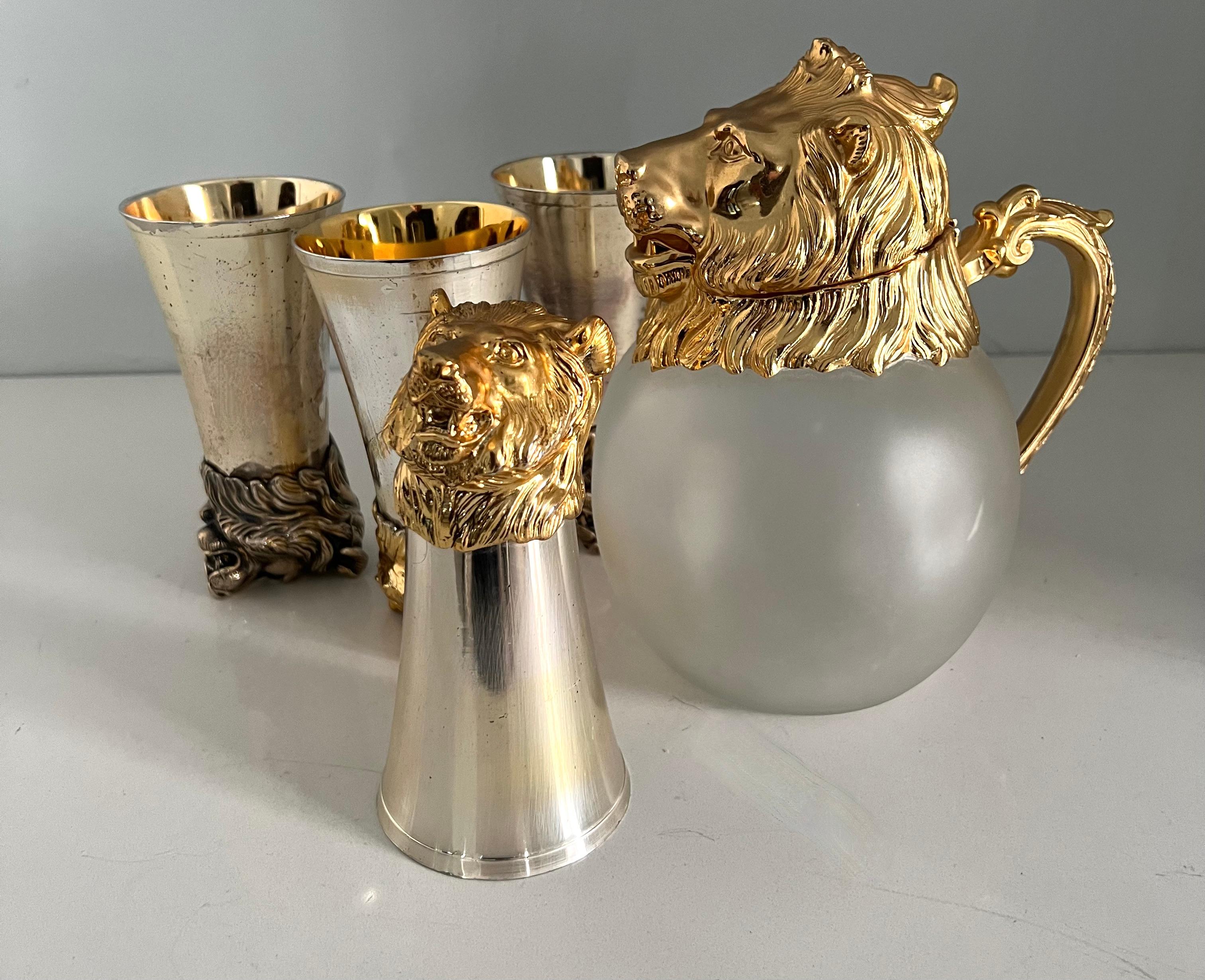 Set of Four Lion Stirrup Cups with Matching Lion Head Pitcher For Sale 4