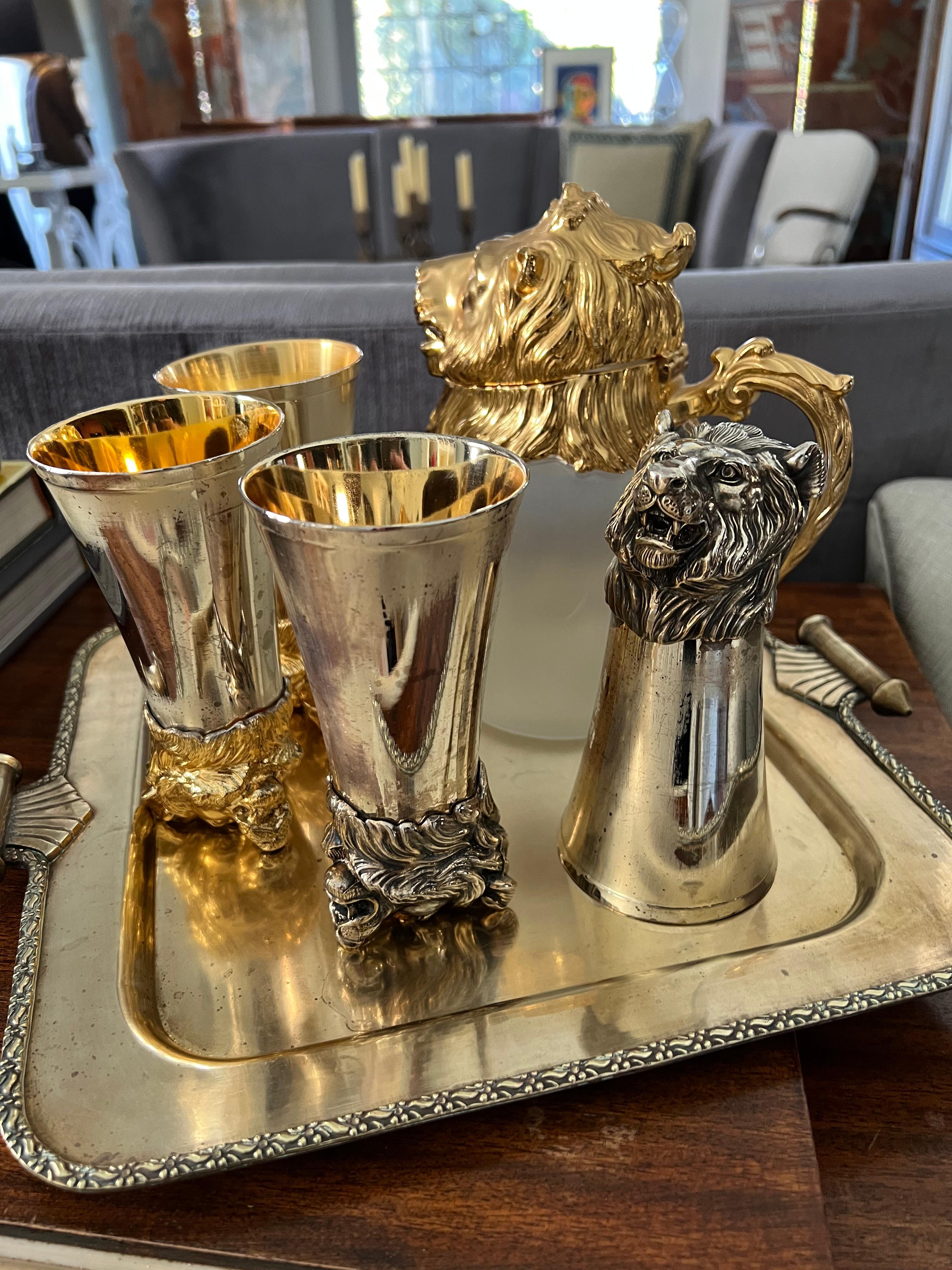 Set of Four Lion Stirrup Cups with Matching Lion Head Pitcher For Sale 3
