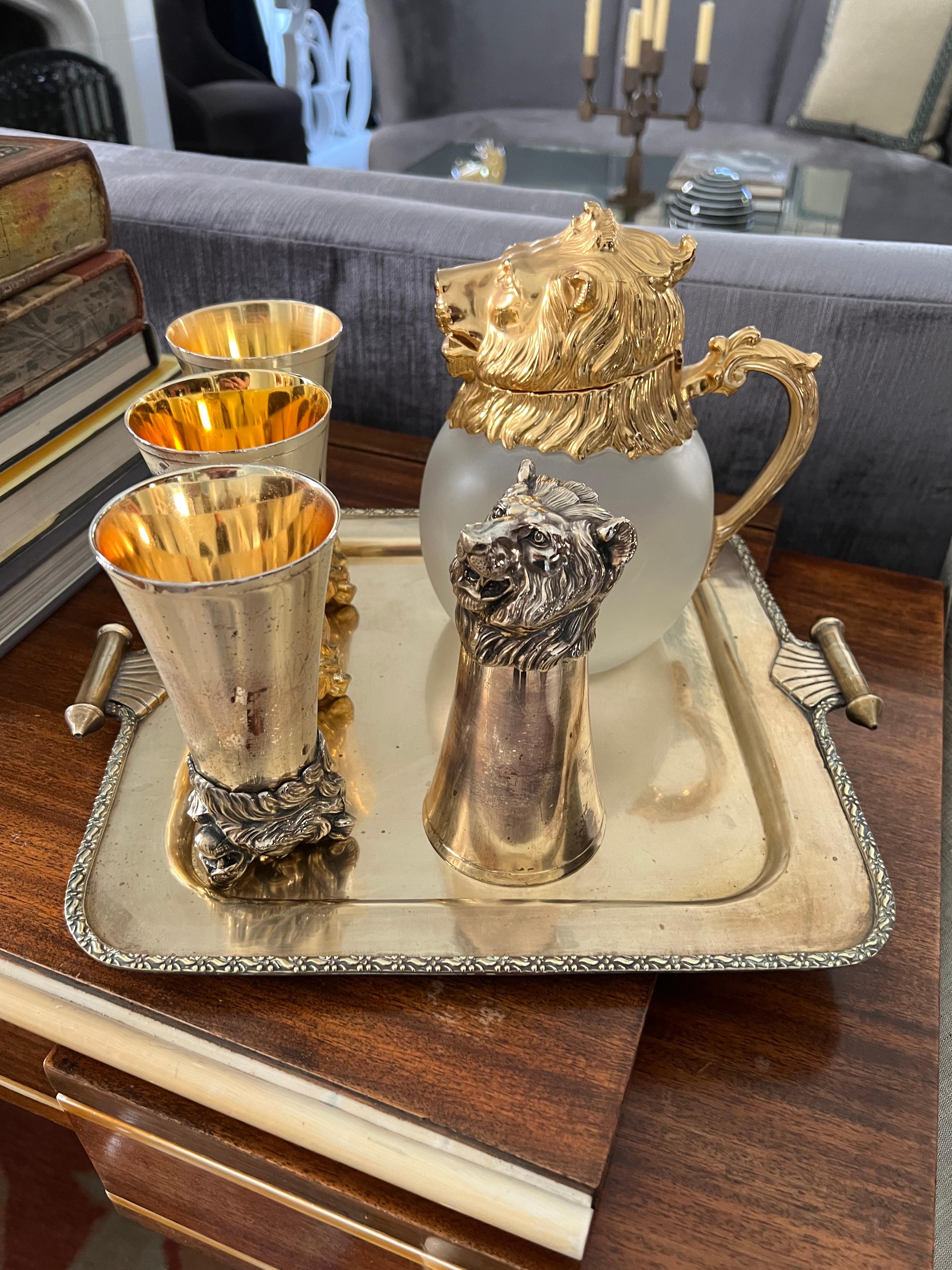 Frosted Set of Four Lion Stirrup Cups with Matching Lion Head Pitcher For Sale