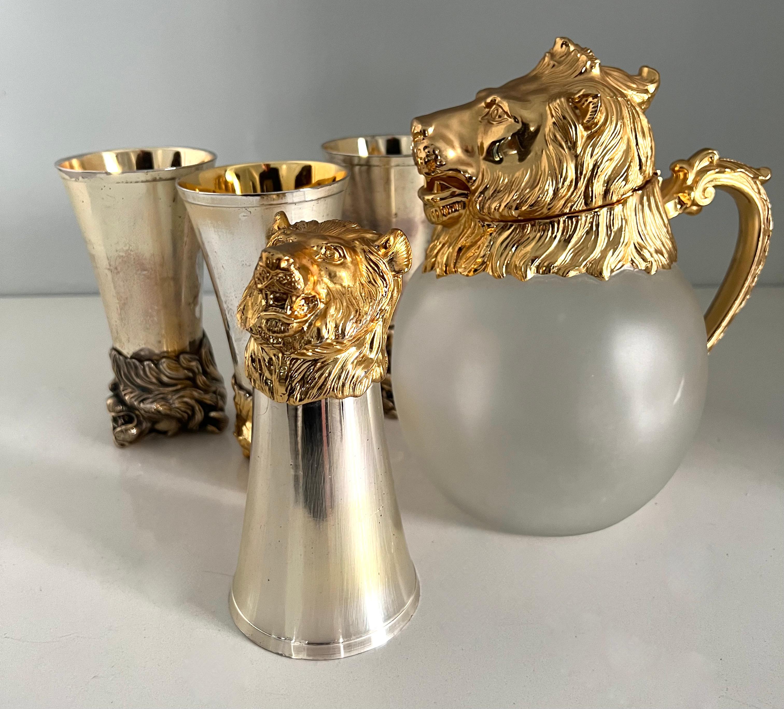 Set of Four Lion Stirrup Cups with Matching Lion Head Pitcher For Sale 2