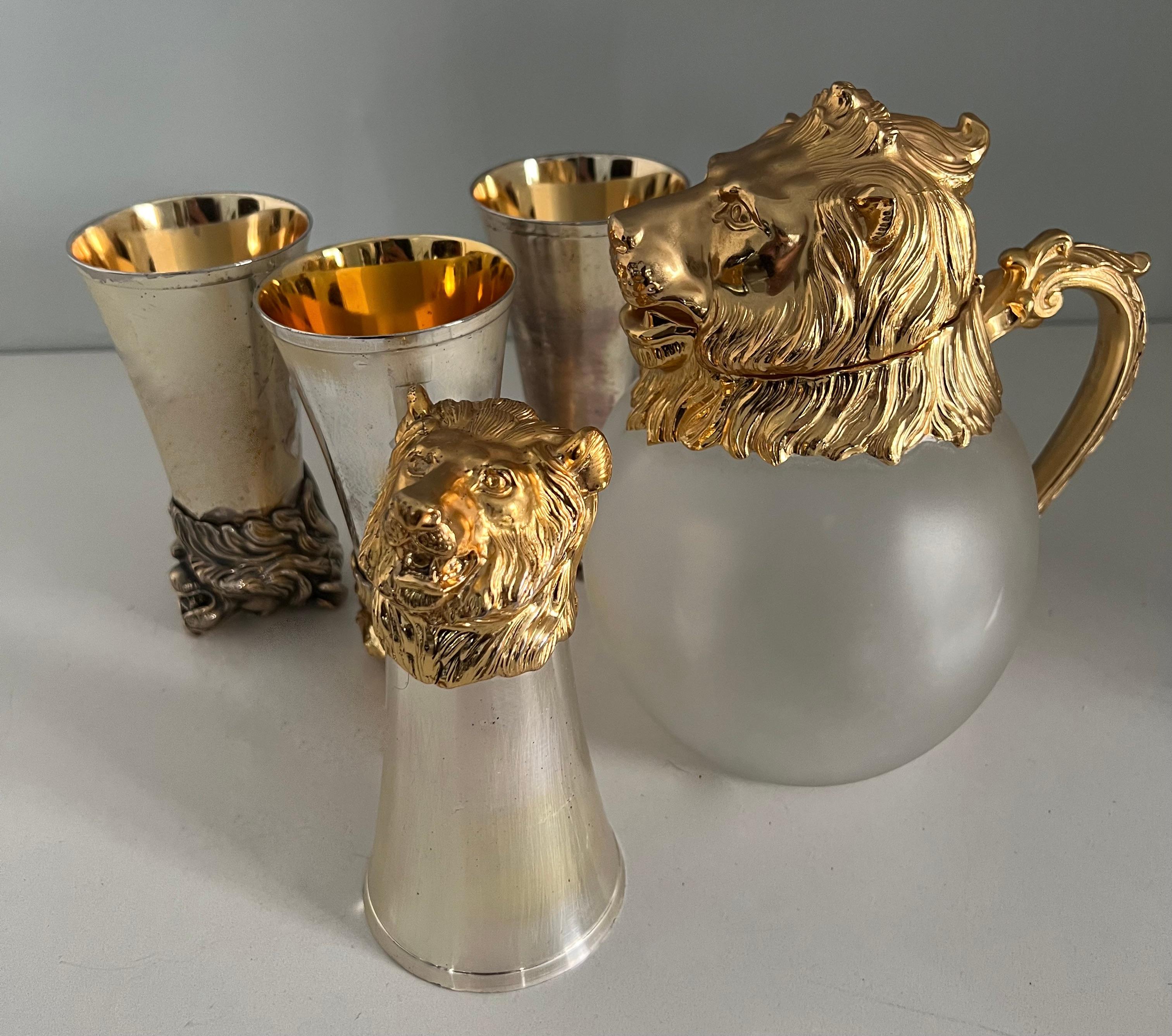 Set of Four Lion Stirrup Cups with Matching Lion Head Pitcher For Sale 1