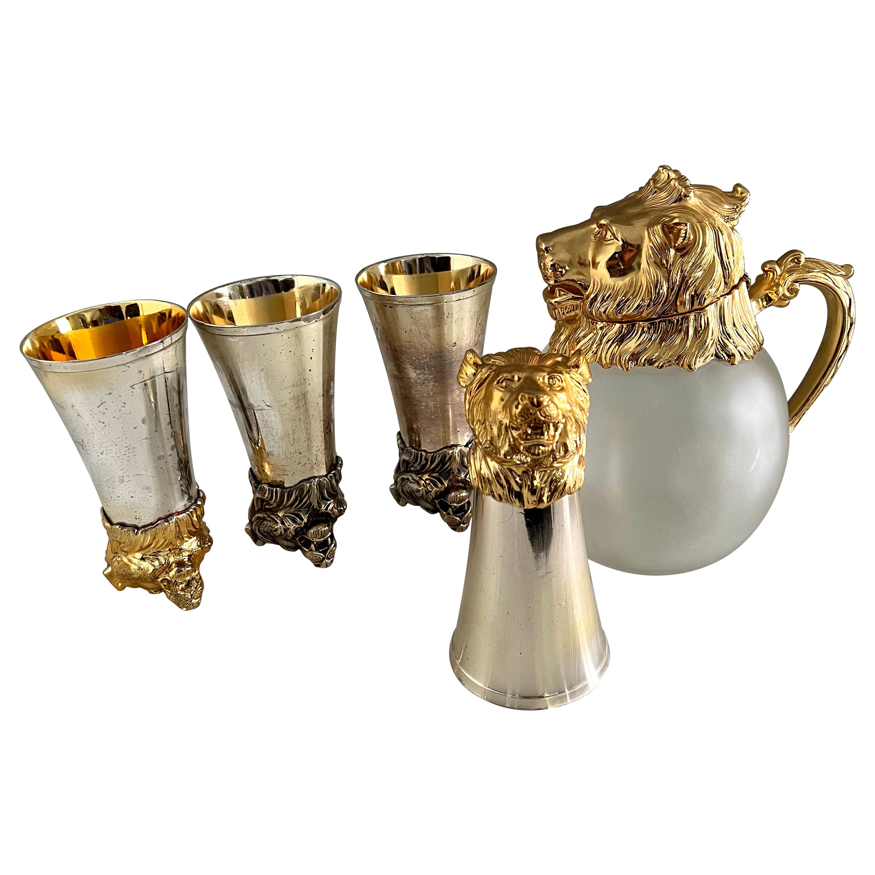 Set of Four Lion Stirrup Cups with Matching Lion Head Pitcher