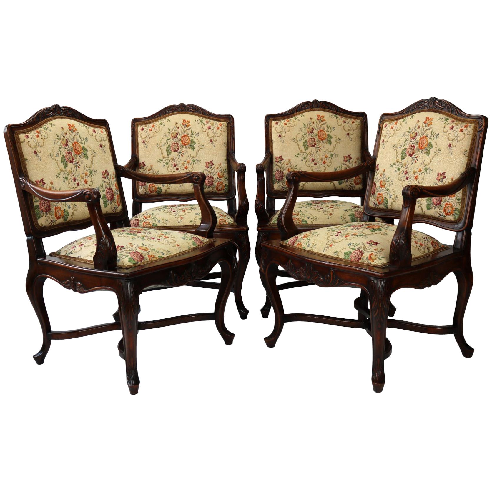Set of Four Louis XV Rococo Style Carved Walnut Armchairs, circa 1860