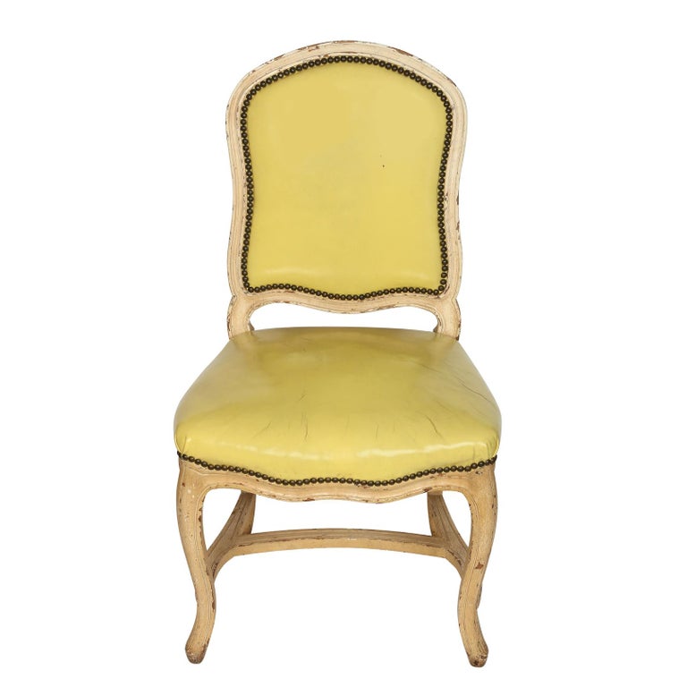 Set of Four Louis XV Style Chairs in Yellow Leather at 1stDibs