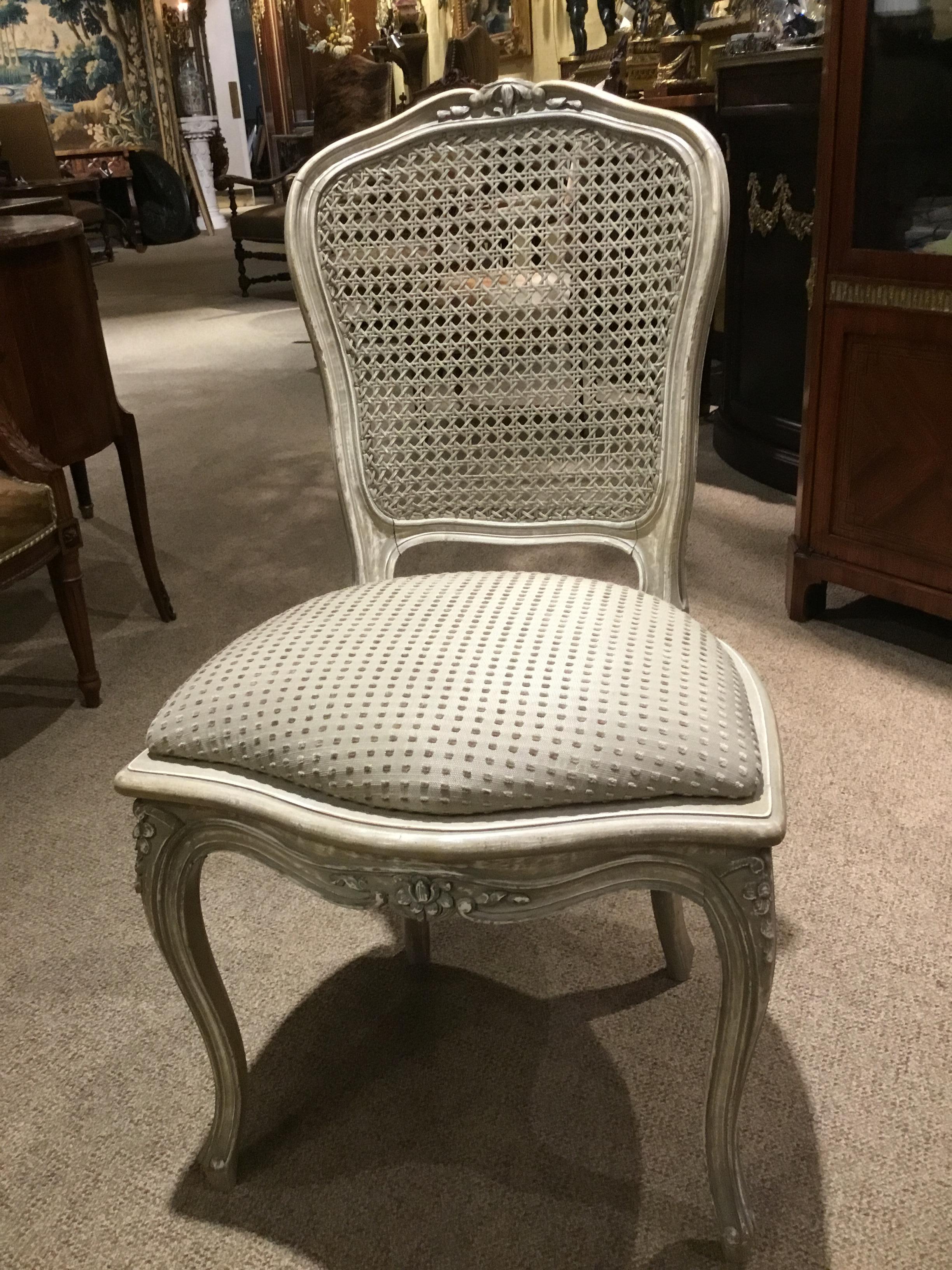 Hardwood Set of Four Louis XV Style Painted Chairs with Cane Back in Gray/White Hue