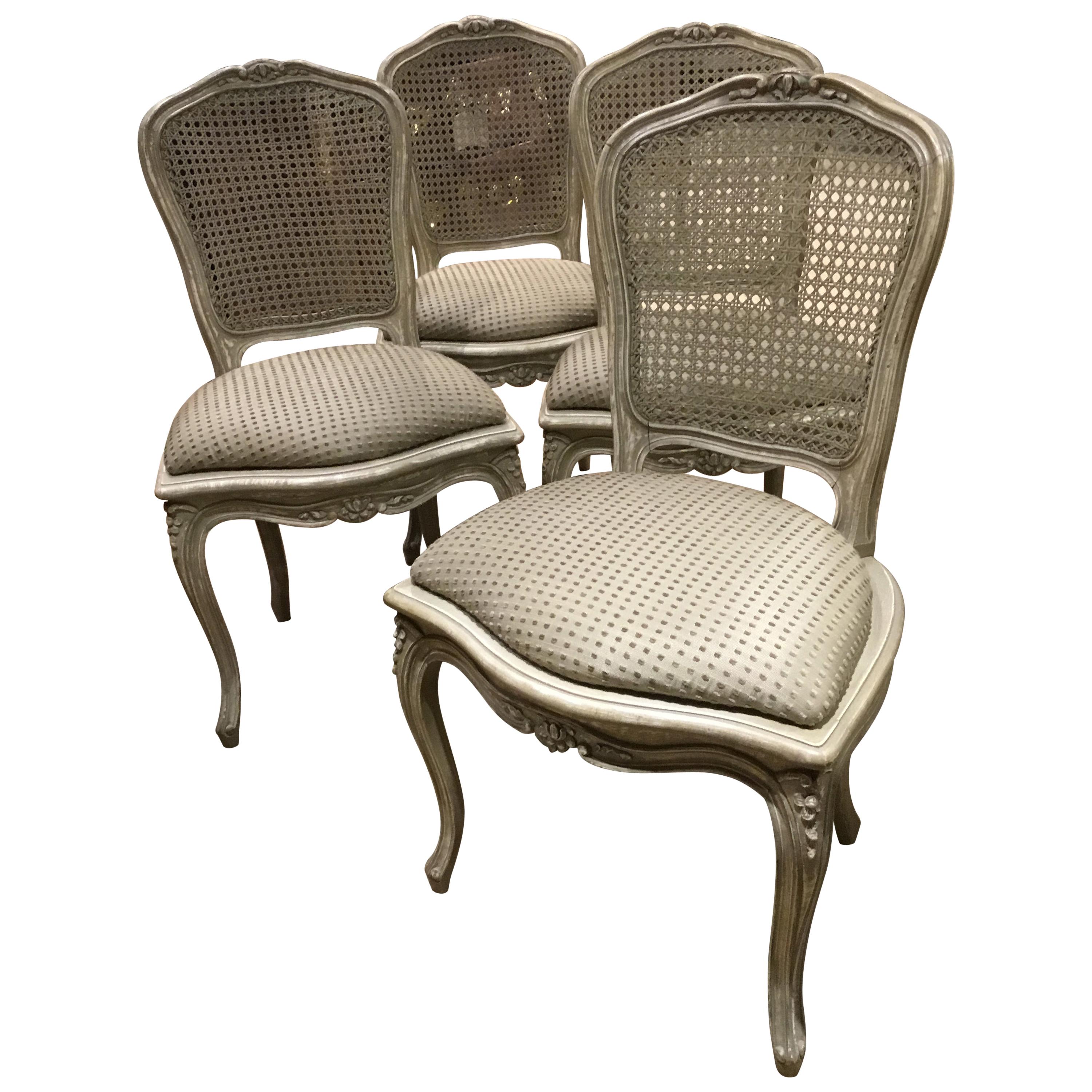 Set of Four Louis XV Style Painted Chairs with Cane Back in Gray/White Hue