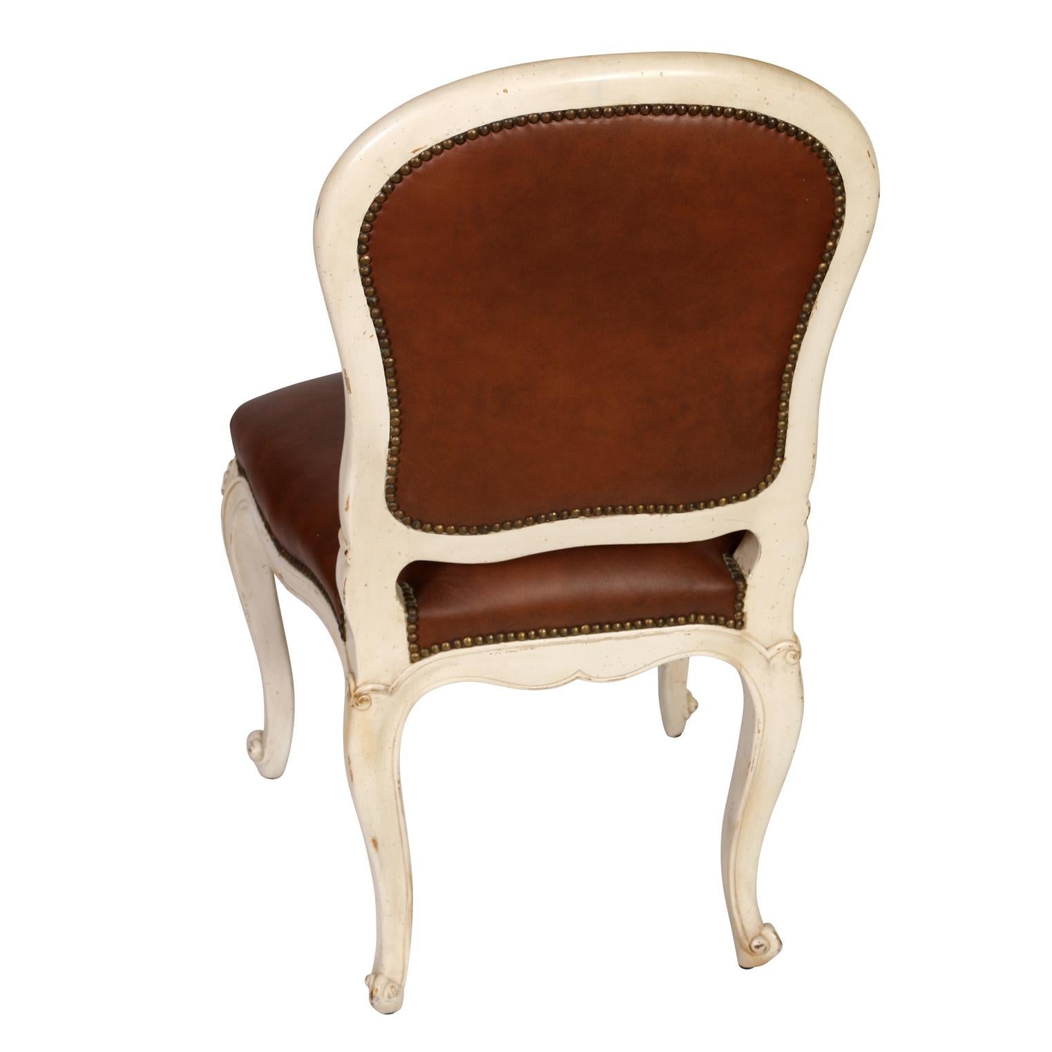 20th Century Set of Four Louis XV Style Painted Side Chairs with Brown Leather For Sale