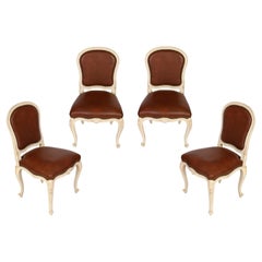 Vintage Set of Four Louis XV Style Painted Side Chairs with Brown Leather