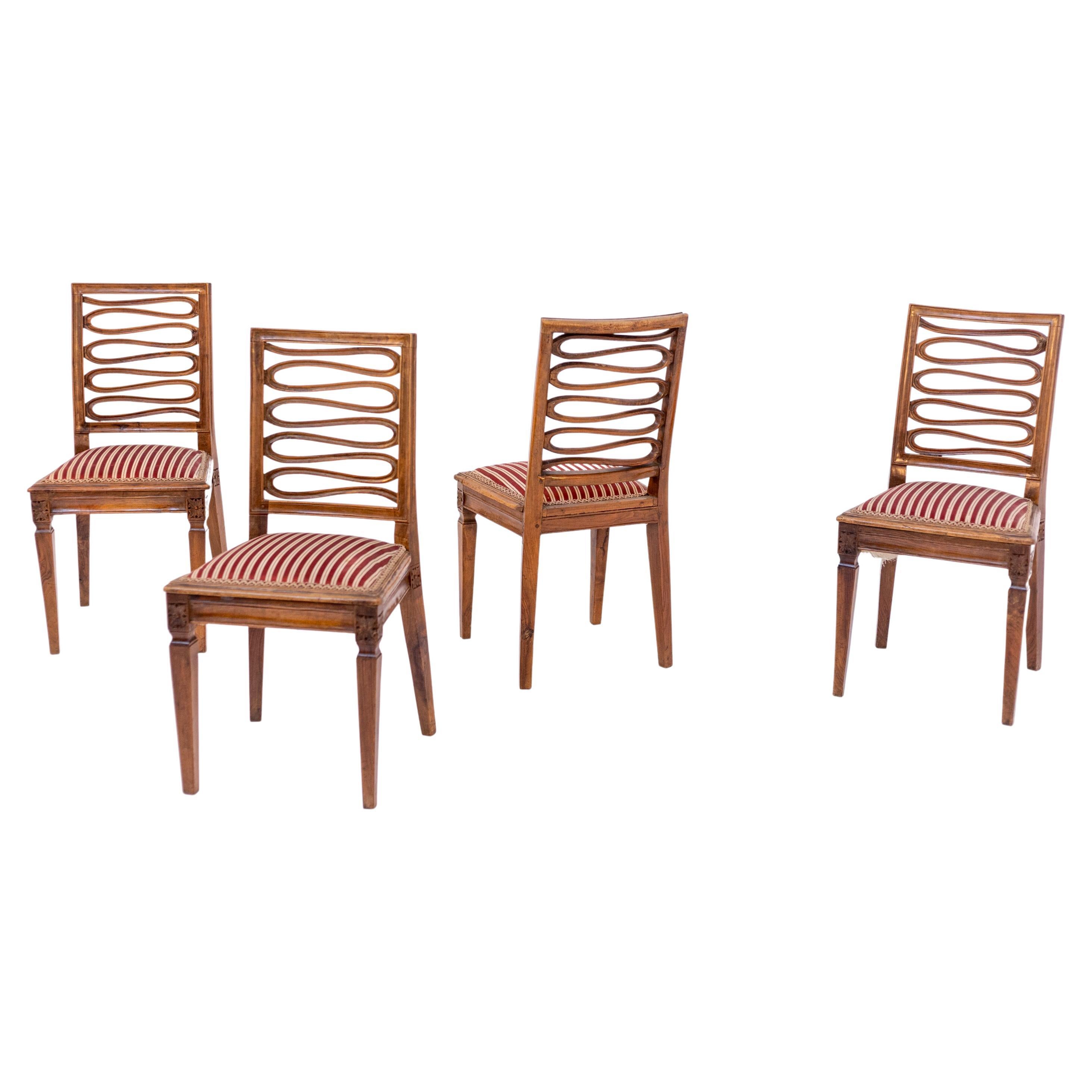 Set of Four Louis XVI Chairs in Wood and White and Red Silk