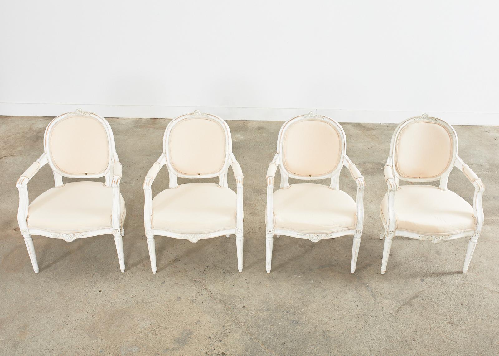 Set of Four Louis XVI Gustavian Style Painted Dining Armchairs In Distressed Condition For Sale In Rio Vista, CA