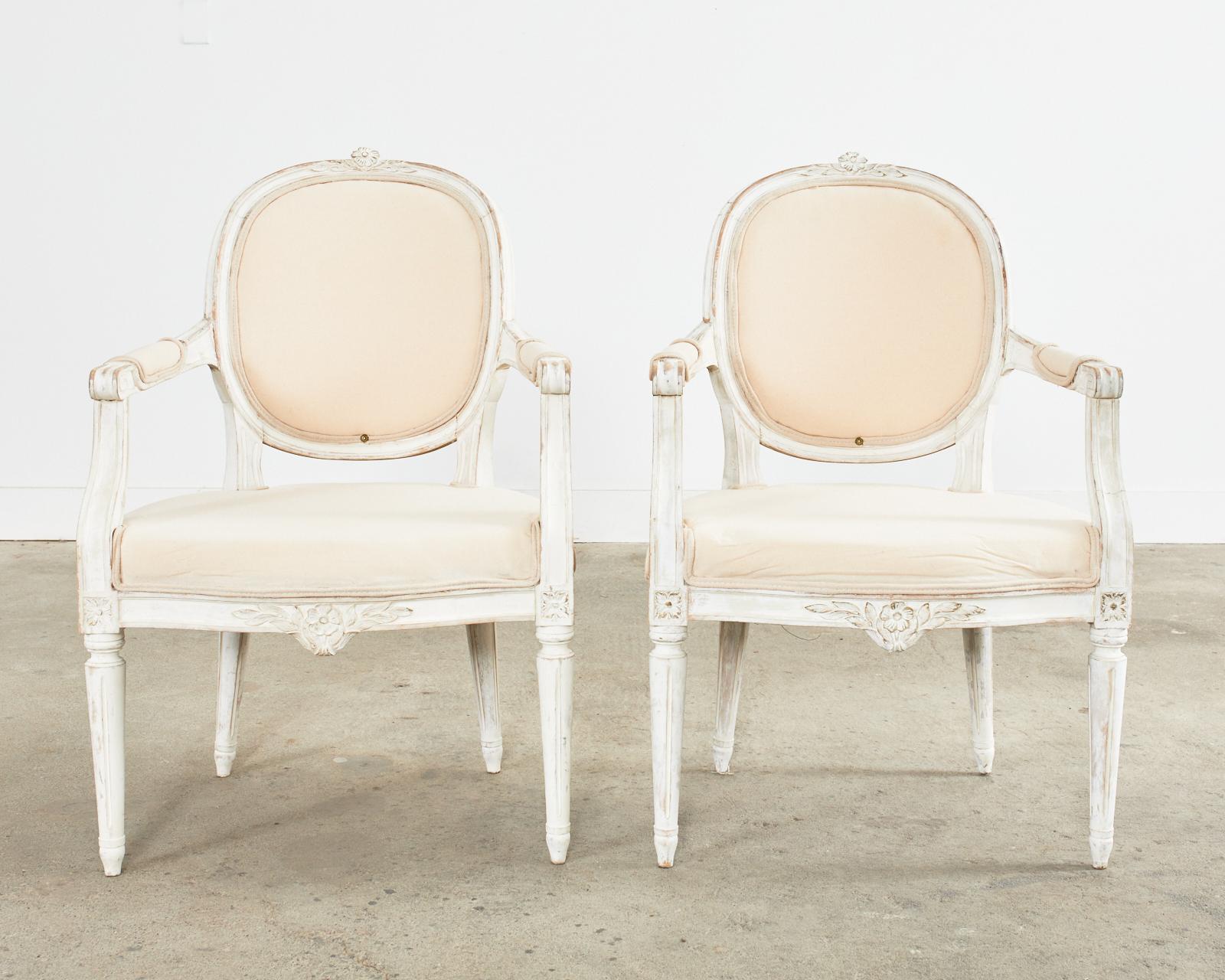 20th Century Set of Four Louis XVI Gustavian Style Painted Dining Armchairs For Sale