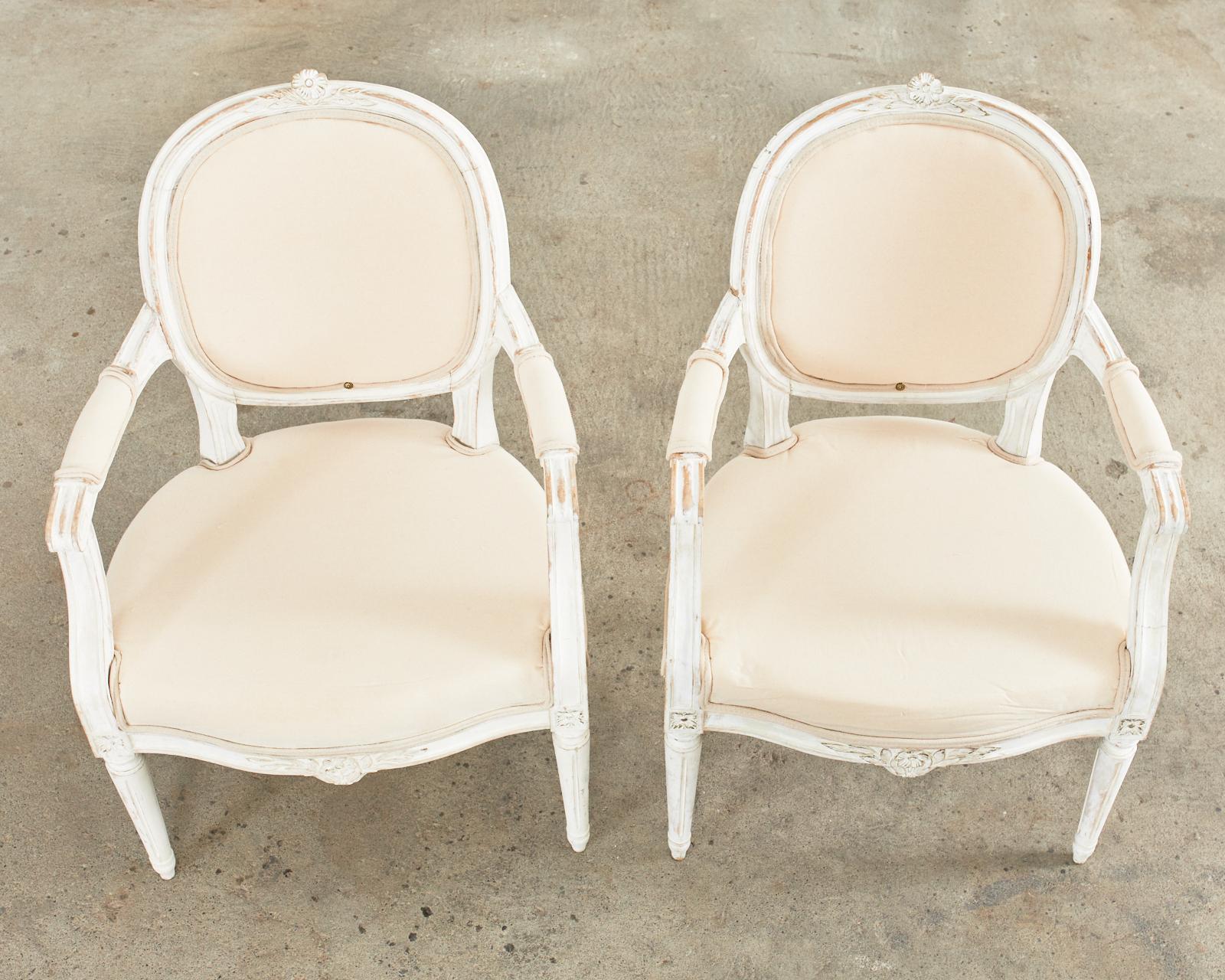 Beech Set of Four Louis XVI Gustavian Style Painted Dining Armchairs For Sale