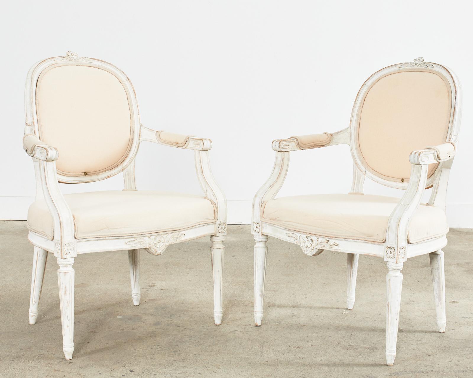 Set of Four Louis XVI Gustavian Style Painted Dining Armchairs For Sale 1