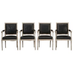 Set of Four Louis XVI Style Armchairs in Original Paint and Black Leather