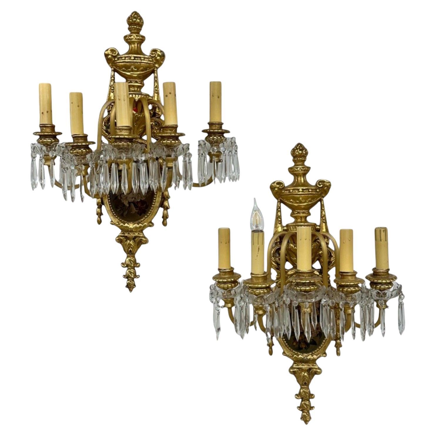 Set of Four Louis XVI Style Bronze and Crystal Rams Head Five Light Sconces in vendita