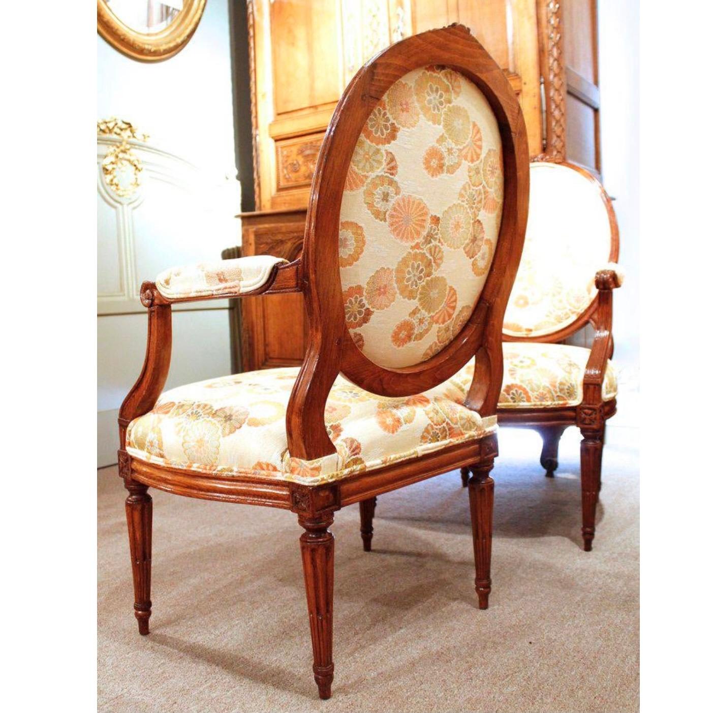 Hand-Carved Set Of Four Louis XVI Style Carved Beechwood Fauteuils, 19th Century For Sale