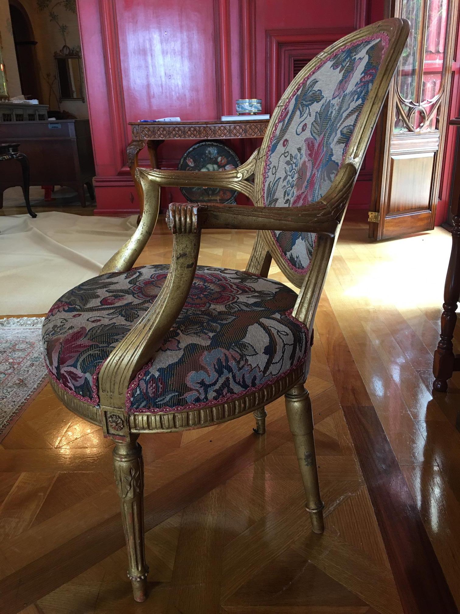 French Set of Four Louis XVI Style Gilded Armchairs and Reeded Legs, 20th Century