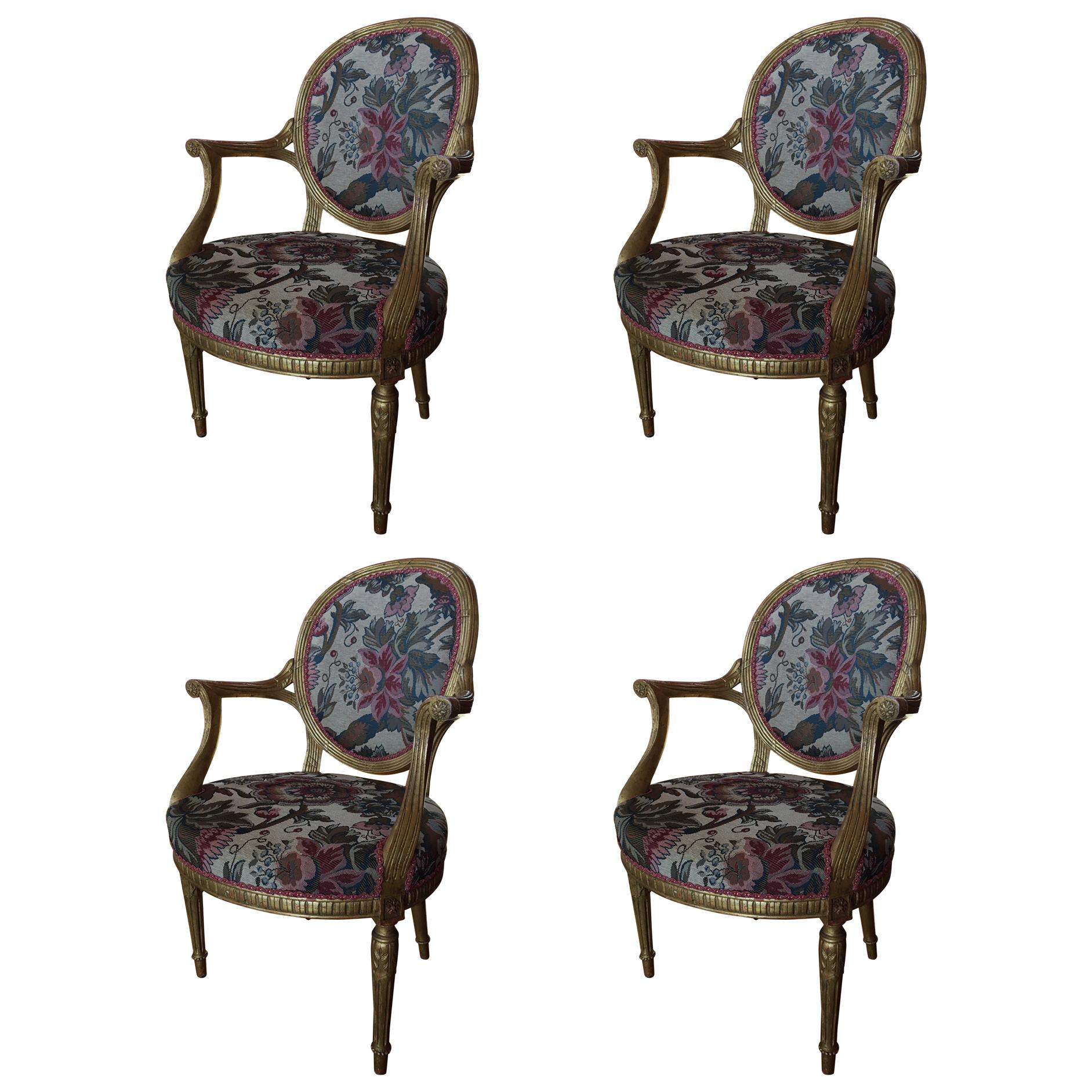 Set of Four Louis XVI Style Gilded Armchairs and Reeded Legs, 20th Century