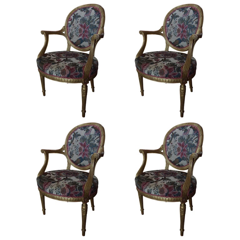 Set of Four Louis XVI Style Gilded Armchairs and Reeded Legs, 20th