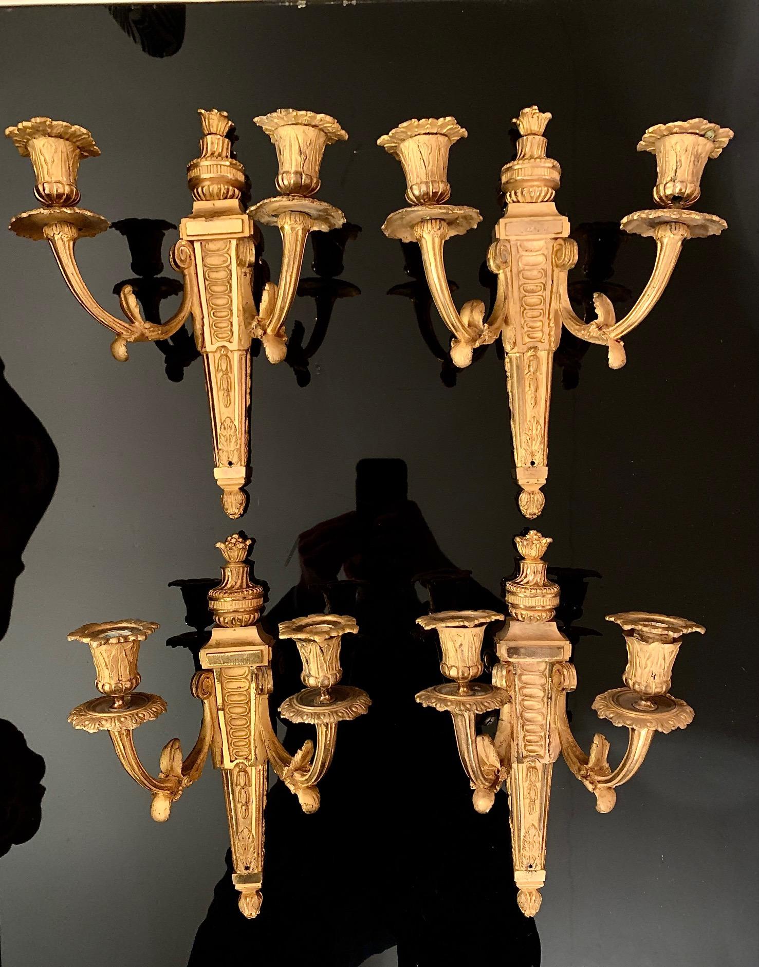 Set of Louis XVI Style Gilt Bronze Ormolu Two Arms Wall Sconces For Sale 5