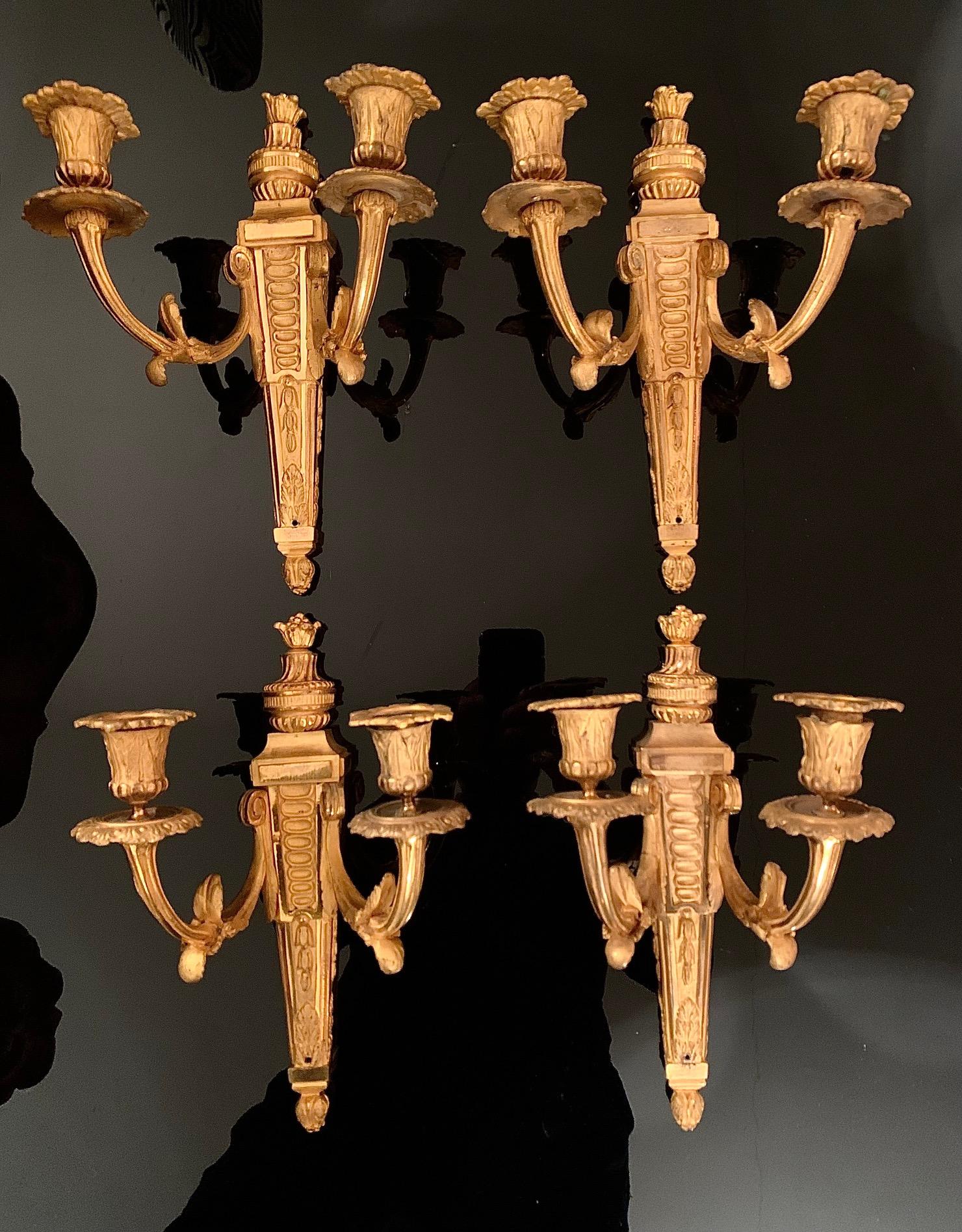 Set of Louis XVI Style Gilt Bronze Ormolu Two Arms Wall Sconces For Sale 6