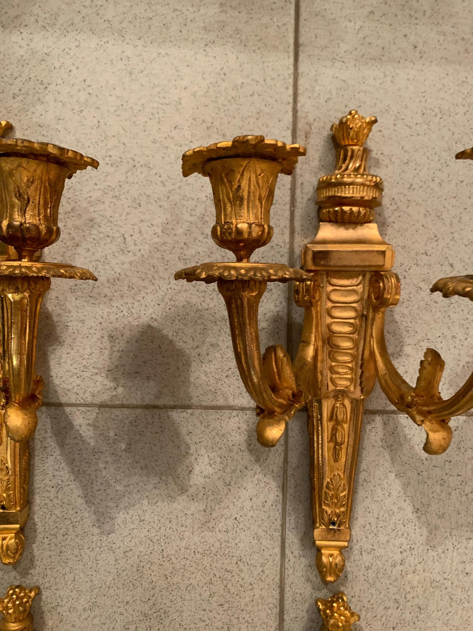 Set of Louis XVI Style Gilt Bronze Ormolu Two Arms Wall Sconces For Sale 7