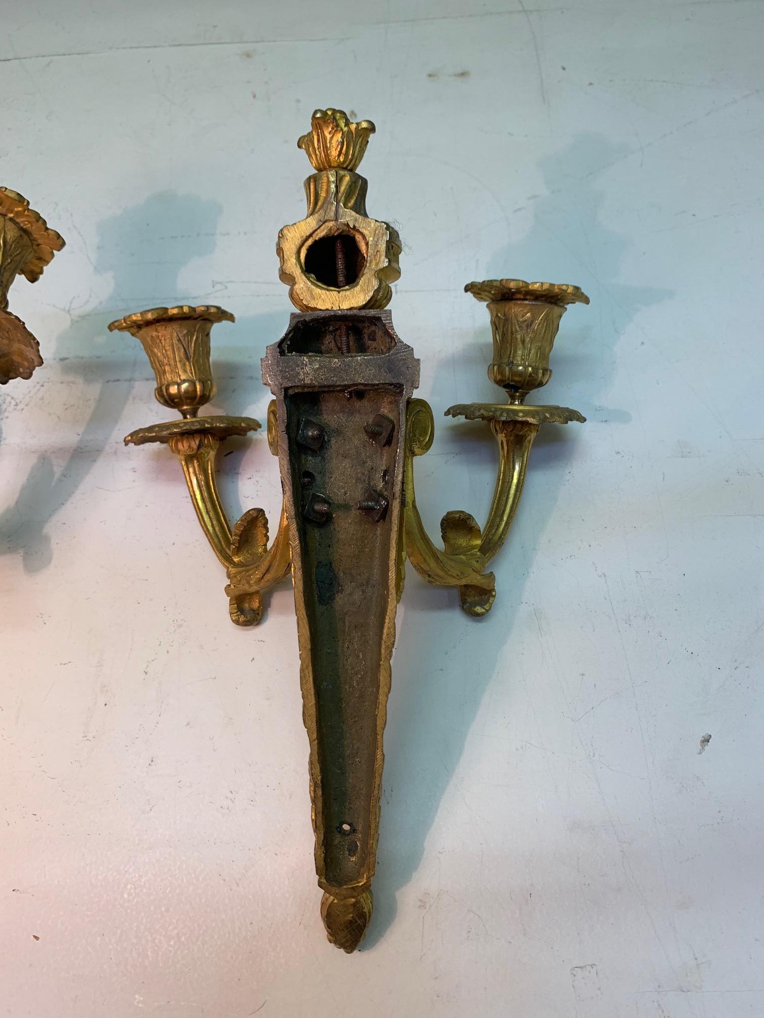 Set of Louis XVI Style Gilt Bronze Ormolu Two Arms Wall Sconces For Sale 10