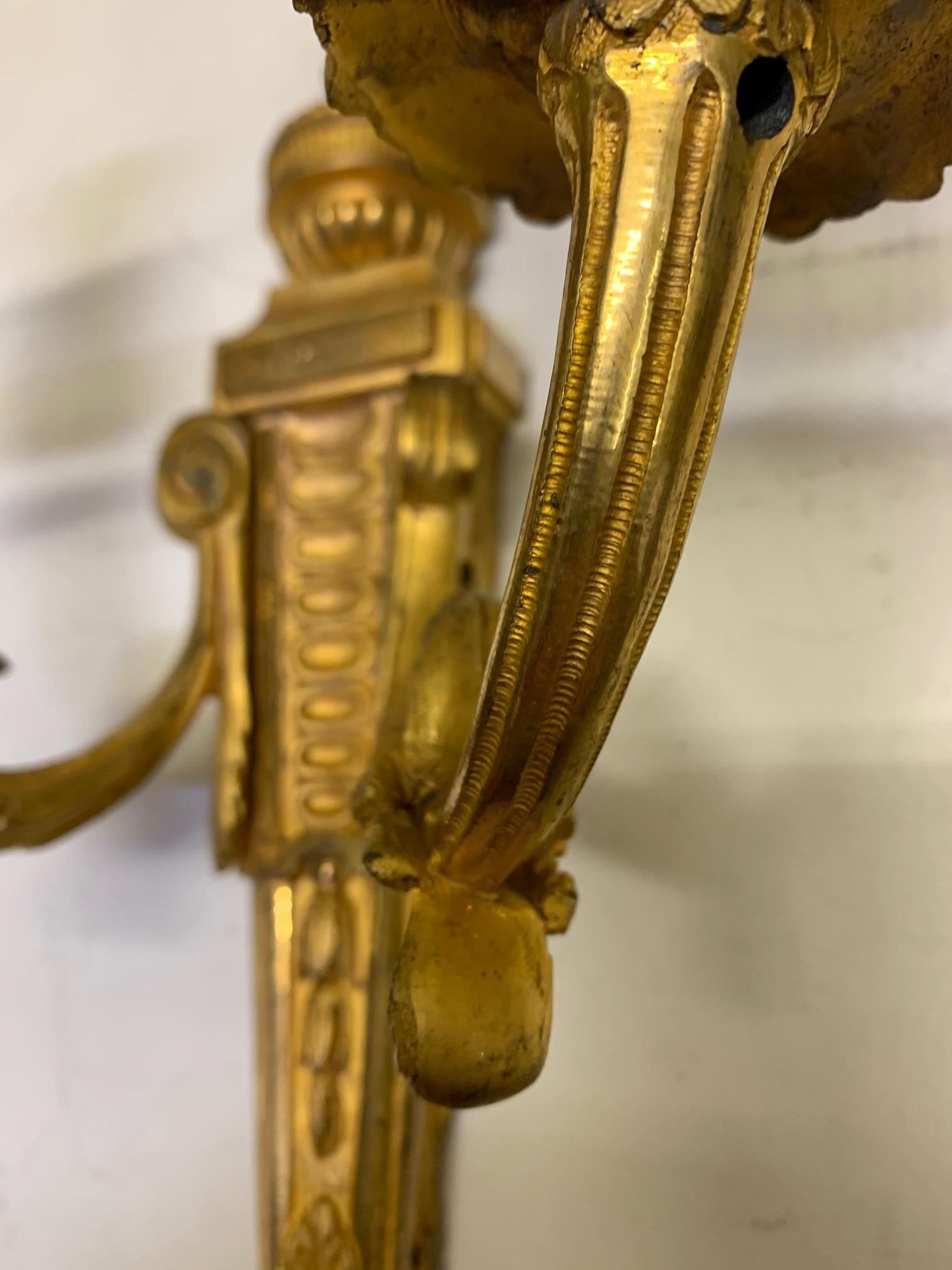 Set of Louis XVI Style Gilt Bronze Ormolu Two Arms Wall Sconces 11