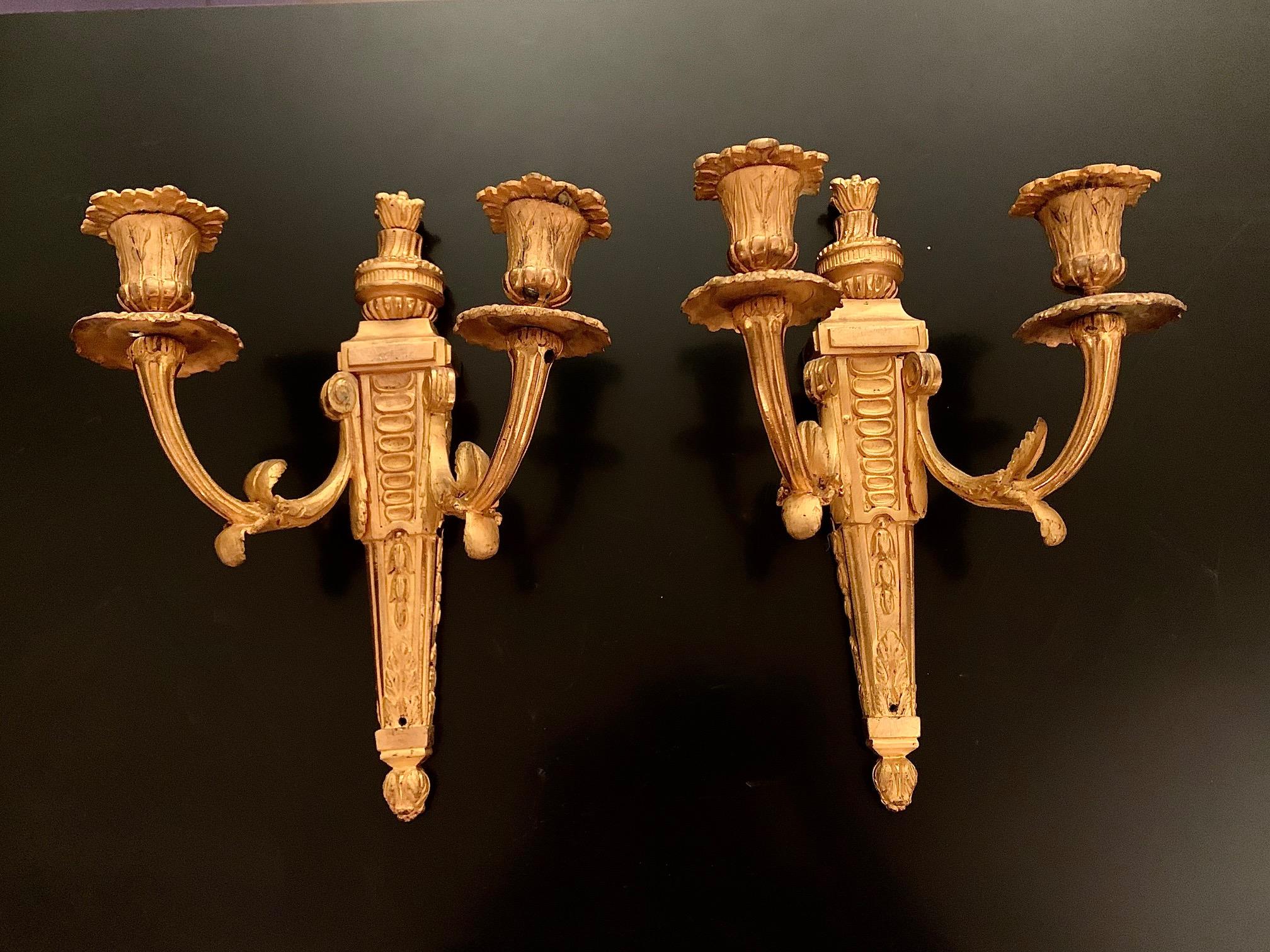 19th Century Set of Louis XVI Style Gilt Bronze Ormolu Two Arms Wall Sconces For Sale