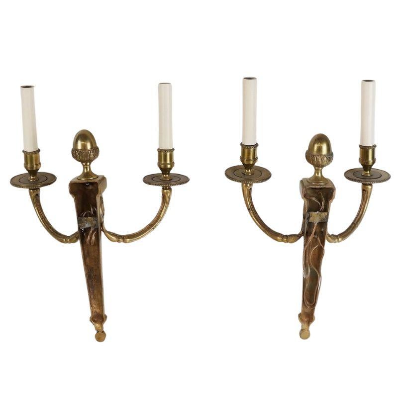 Set of Four Louis XVI Style Gilt Sconces with Reeded Center Stem  In Good Condition For Sale In Locust Valley, NY