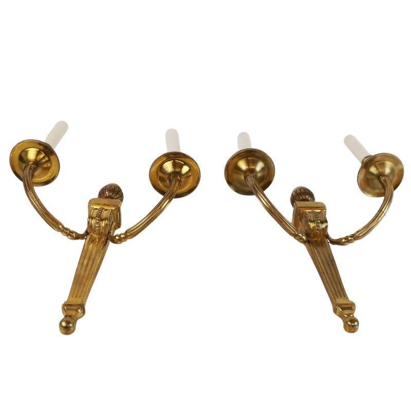 20th Century Set of Four Louis XVI Style Gilt Sconces with Reeded Center Stem  For Sale