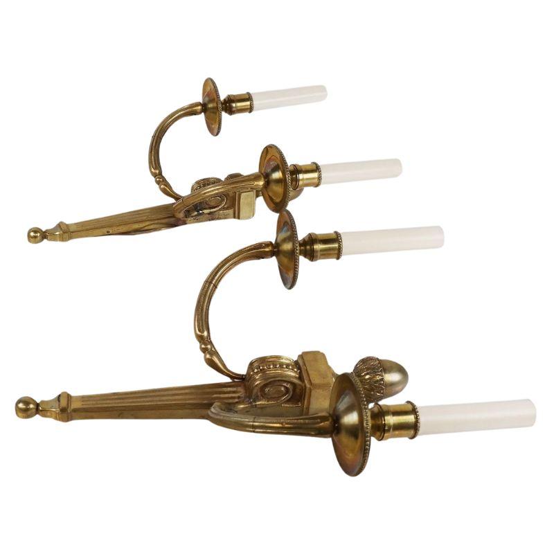 Bronze Set of Four Louis XVI Style Gilt Sconces with Reeded Center Stem  For Sale