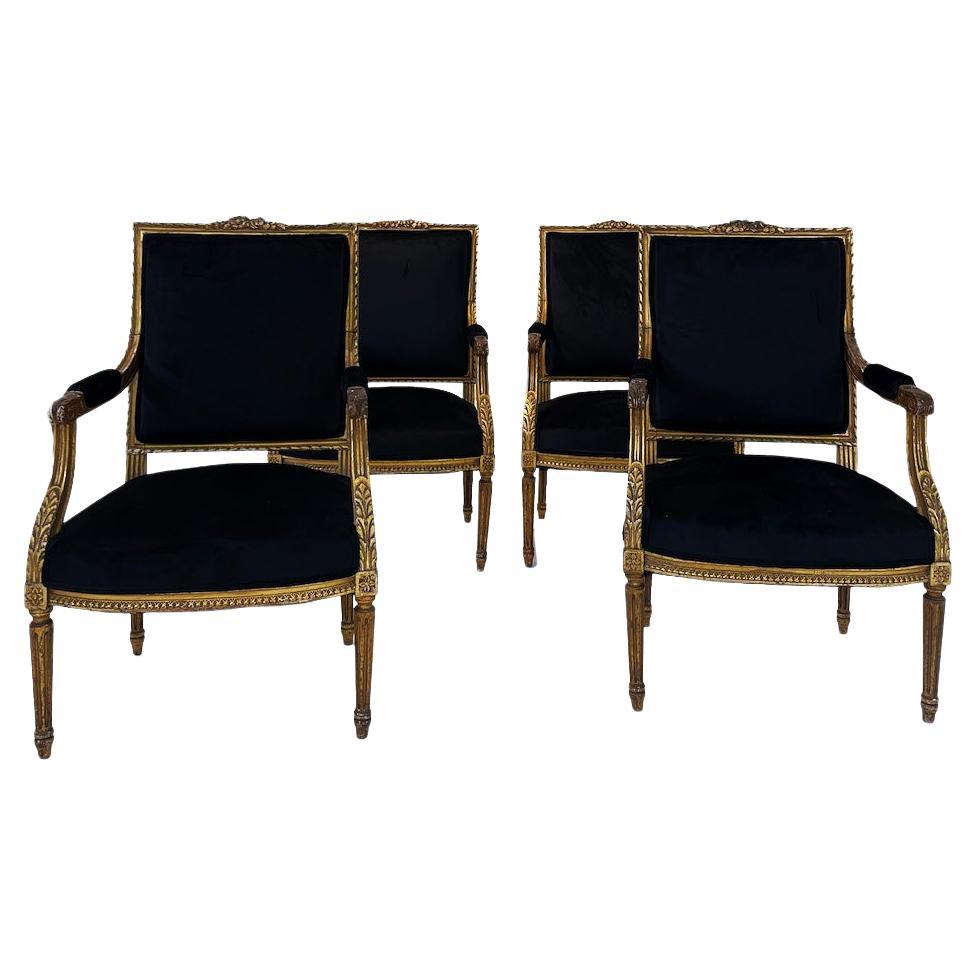 Set di quattro poltrone in legno dorato in stile Luigi XVI, Francia, fine XIX secolo